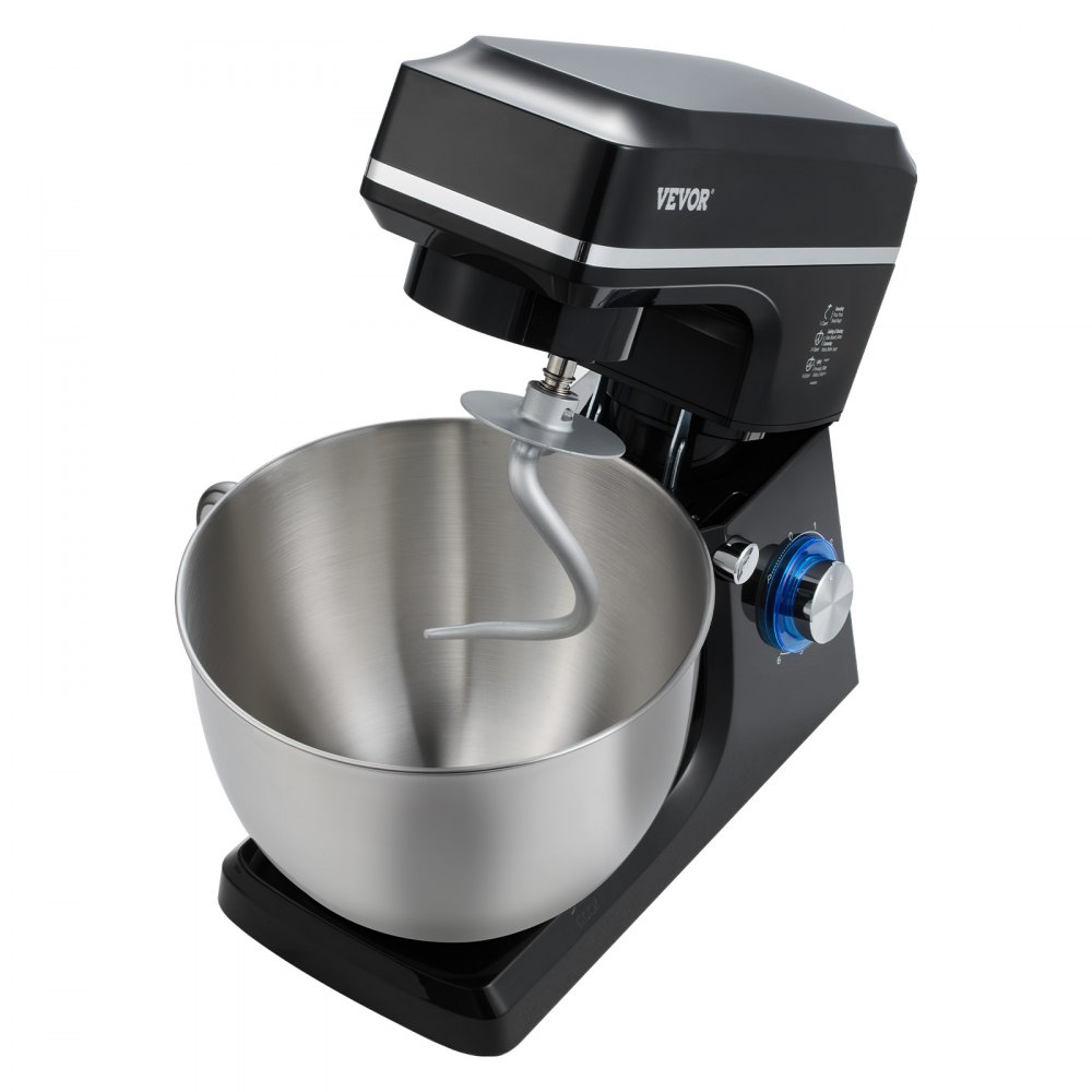 VEVOR Batidora de Masa de 7,84 L, Batidora de Alimentos con Cabezal Inclinable de 1400 W y 6 Velocidades, Tazón de Acero Inoxidable, Gancho para Masa, para Hornear y Mezclar, Negro, 450 x 268 x 362 mm