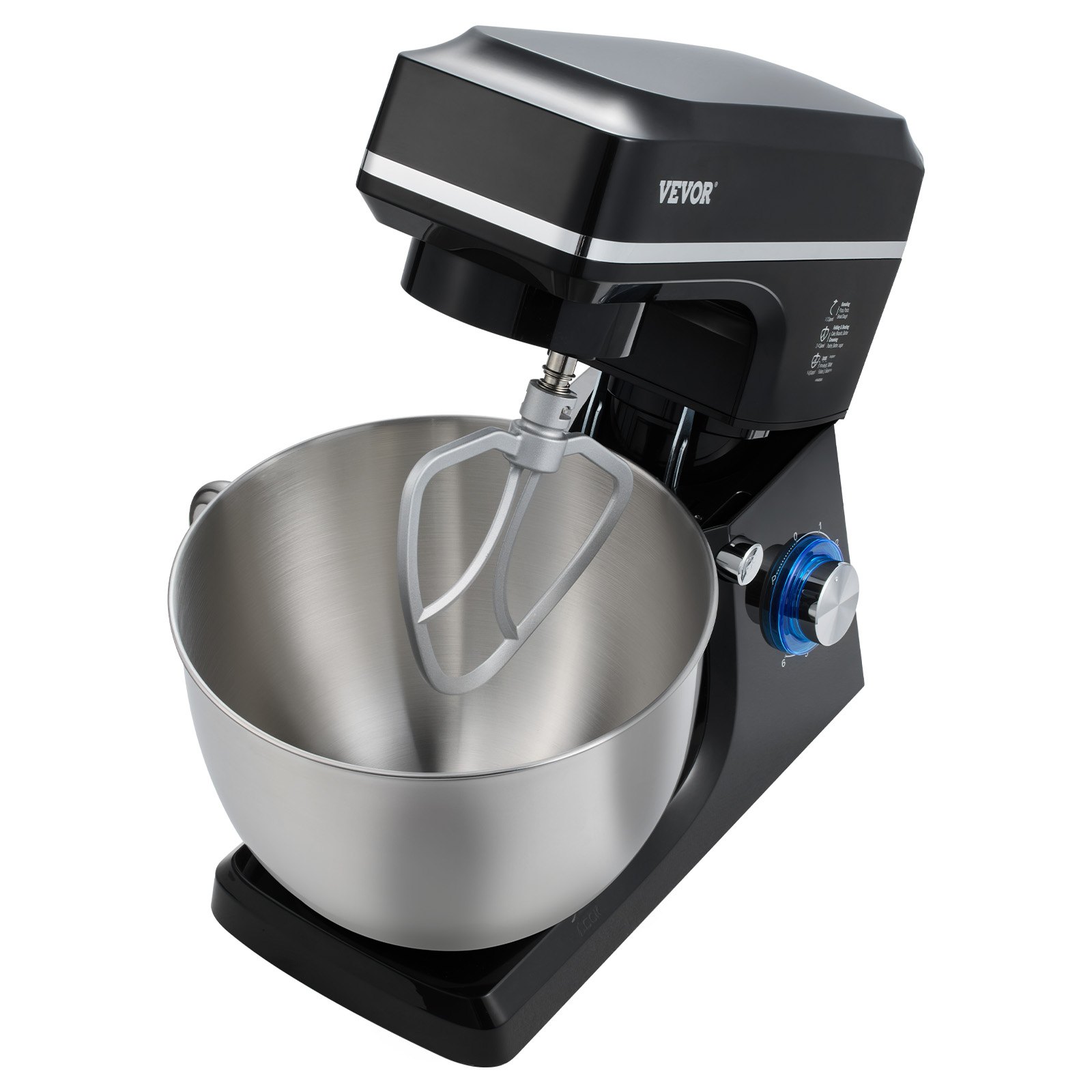 VEVOR Batidora de Masa de 7,84 L, Batidora de Alimentos con Cabezal Inclinable de 1400 W y 6 Velocidades, Tazón de Acero Inoxidable, Gancho para Masa, para Hornear y Mezclar, Negro, 450 x 268 x 362 mm