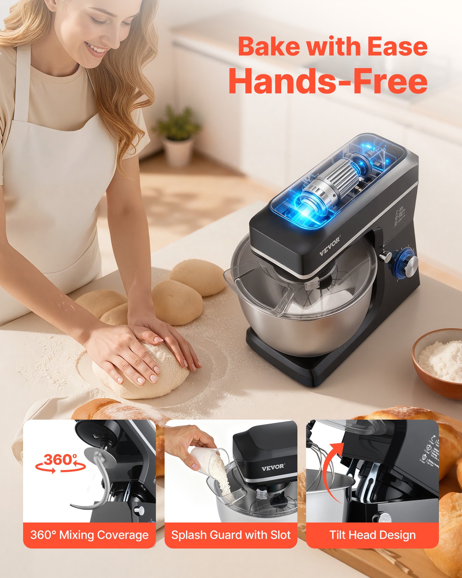 VEVOR Batidora de Masa de 7,84 L, Batidora de Alimentos con Cabezal Inclinable de 1400 W y 6 Velocidades, Tazón de Acero Inoxidable, Gancho para Masa, para Hornear y Mezclar, Negro, 450 x 268 x 362 mm