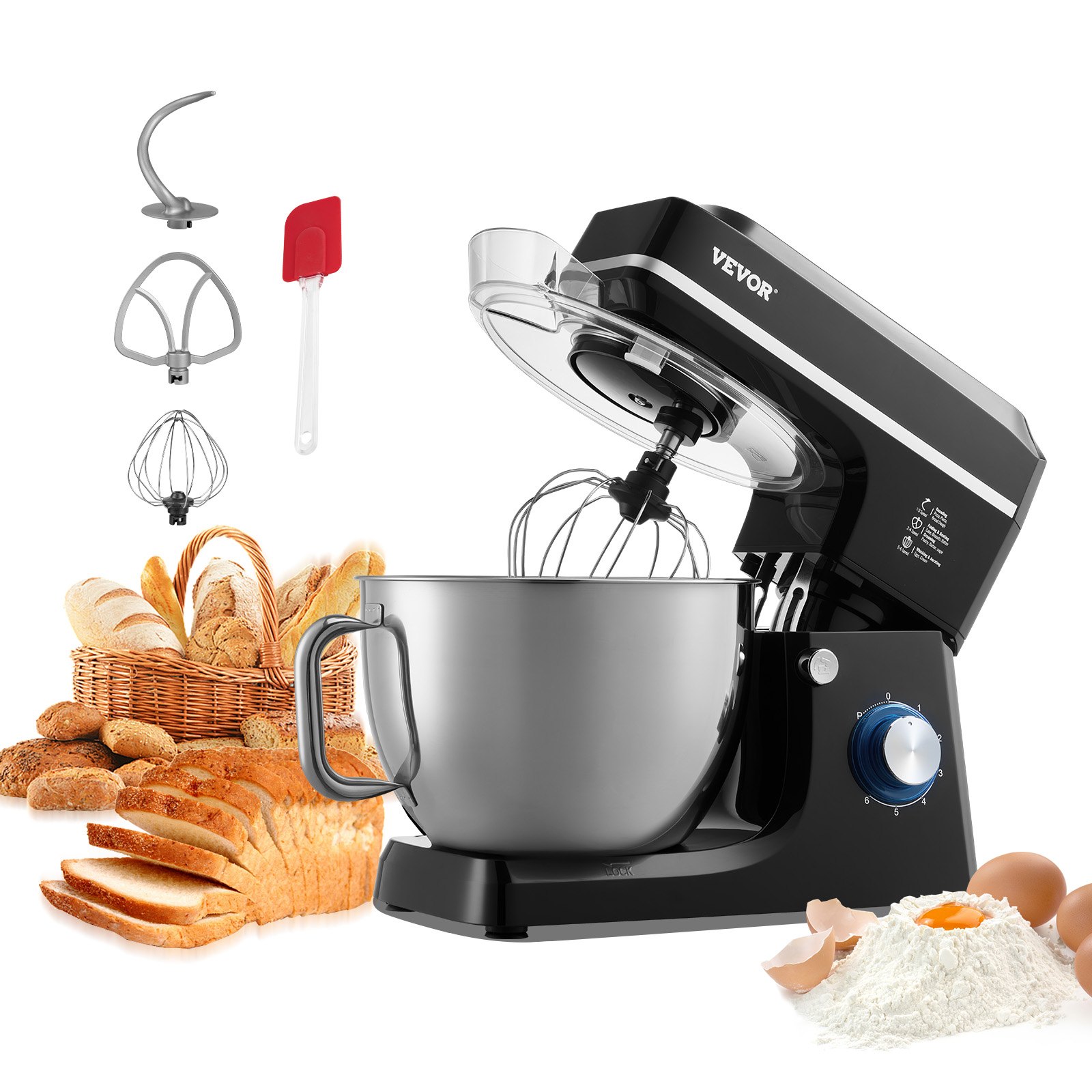 VEVOR Batidora de Masa de 7,84 L, Batidora de Alimentos con Cabezal Inclinable de 1400 W y 6 Velocidades, Tazón de Acero Inoxidable, Gancho para Masa, para Hornear y Mezclar, Negro, 450 x 268 x 362 mm