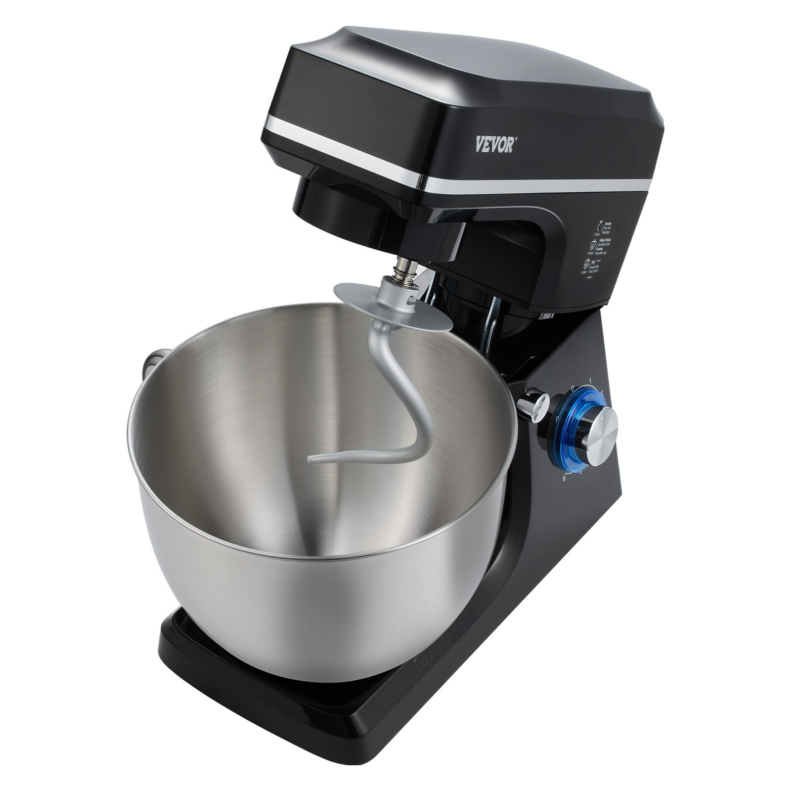 VEVOR Batidora de Masa de 7,84 L, Batidora de Alimentos con Cabezal Inclinable de 1400 W y 6 Velocidades, Tazón de Acero Inoxidable, Gancho para Masa, para Hornear y Mezclar, Negro, 450 x 268 x 362 mm