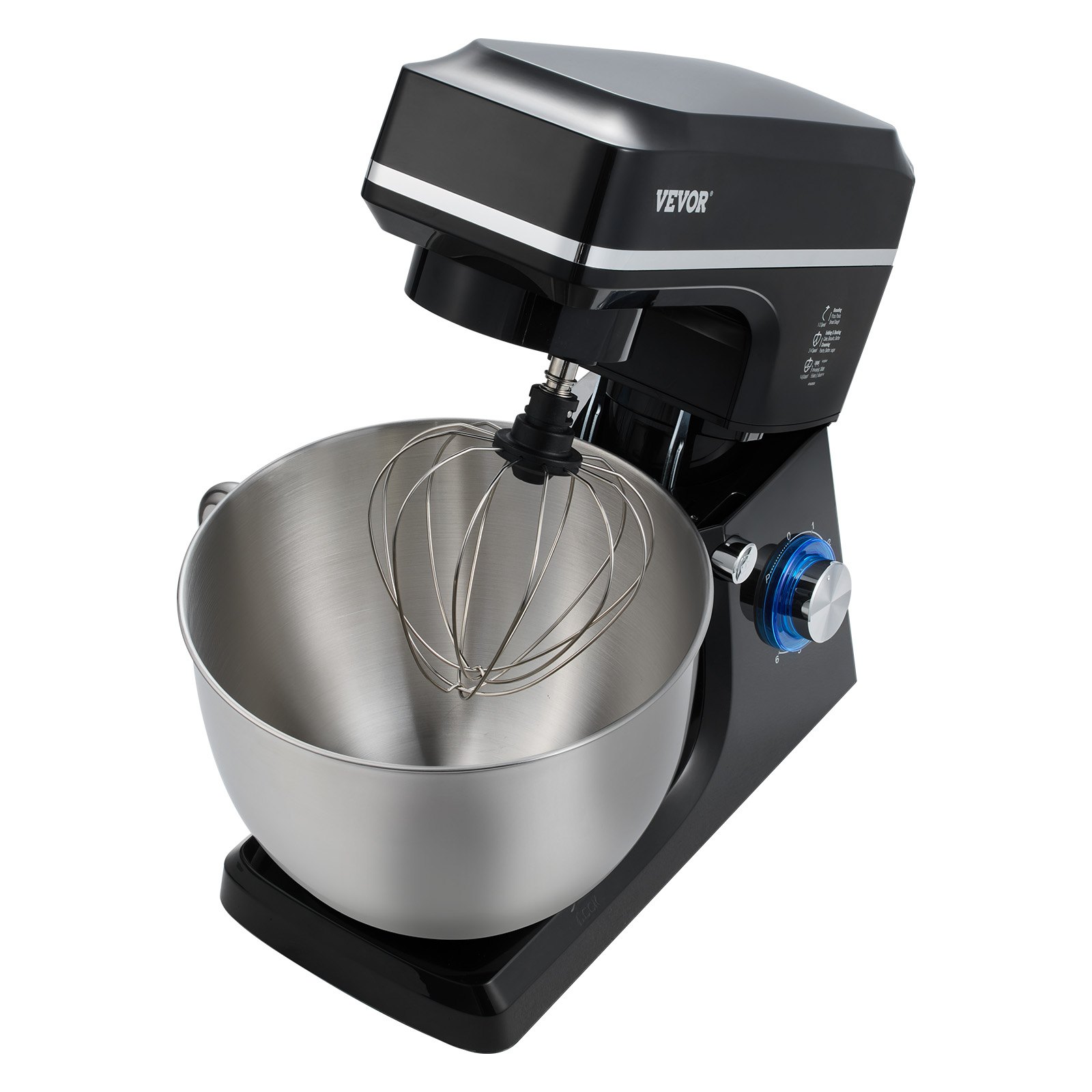 VEVOR Batidora de Masa de 7,84 L, Batidora de Alimentos con Cabezal Inclinable de 1400 W y 6 Velocidades, Tazón de Acero Inoxidable, Gancho para Masa, para Hornear y Mezclar, Negro, 450 x 268 x 362 mm