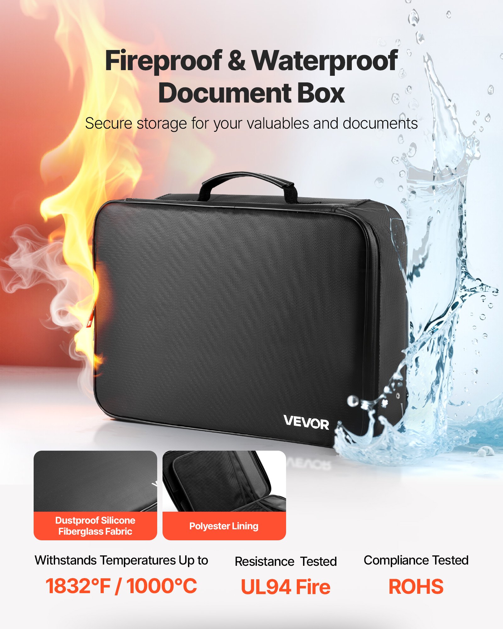 VEVOR Fireproof Document Box, 1000 ℃ Heat Insulated Fireproof & Waterproof Box with Lock, Portable Multi-Layer Home Office Travel File Storage Organizer, for Passports, Important Documents, Files