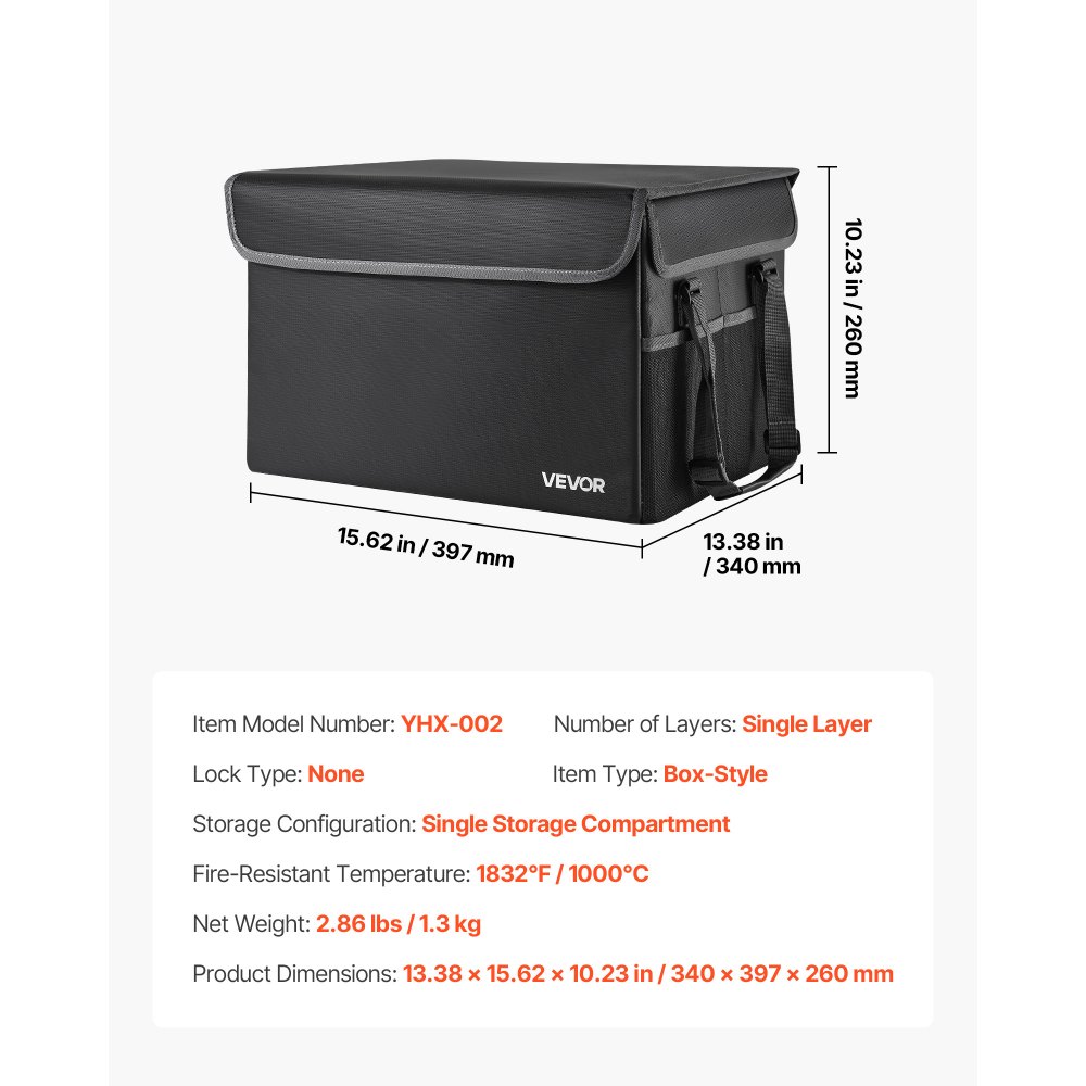 VEVOR Caja para Documentos Ignífuga, Resistente al Agua y con Aislamiento Térmico de 1000 °C, Portátil y Plegable, para Pasaportes, Documentos Importantes y Archivos, Negro,  340 x 397 x 260 mm
