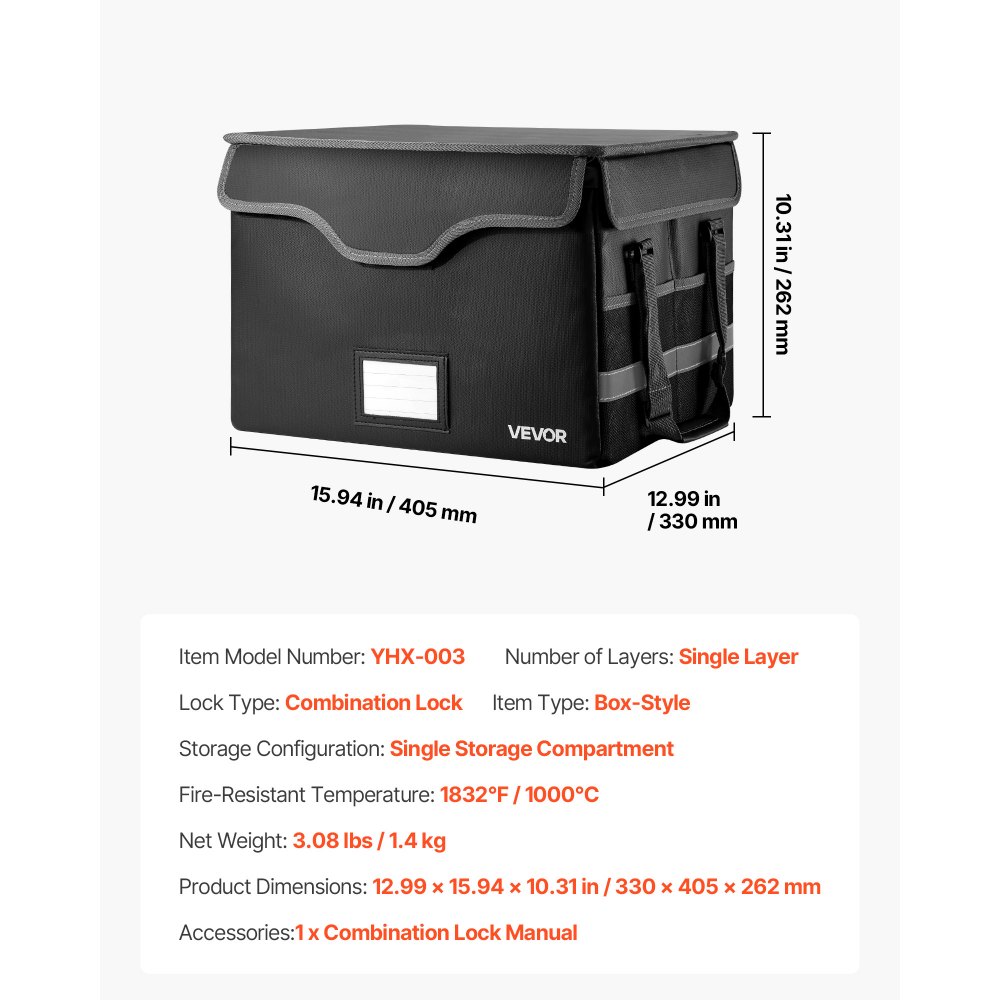 VEVOR Fireproof Document Box, 1000 ℃ Heat Insulated Fireproof & Waterproof Box with Lock, Portable File Storage Security Organizer Home Office Travel Use, for Passports, Important Documents & Files