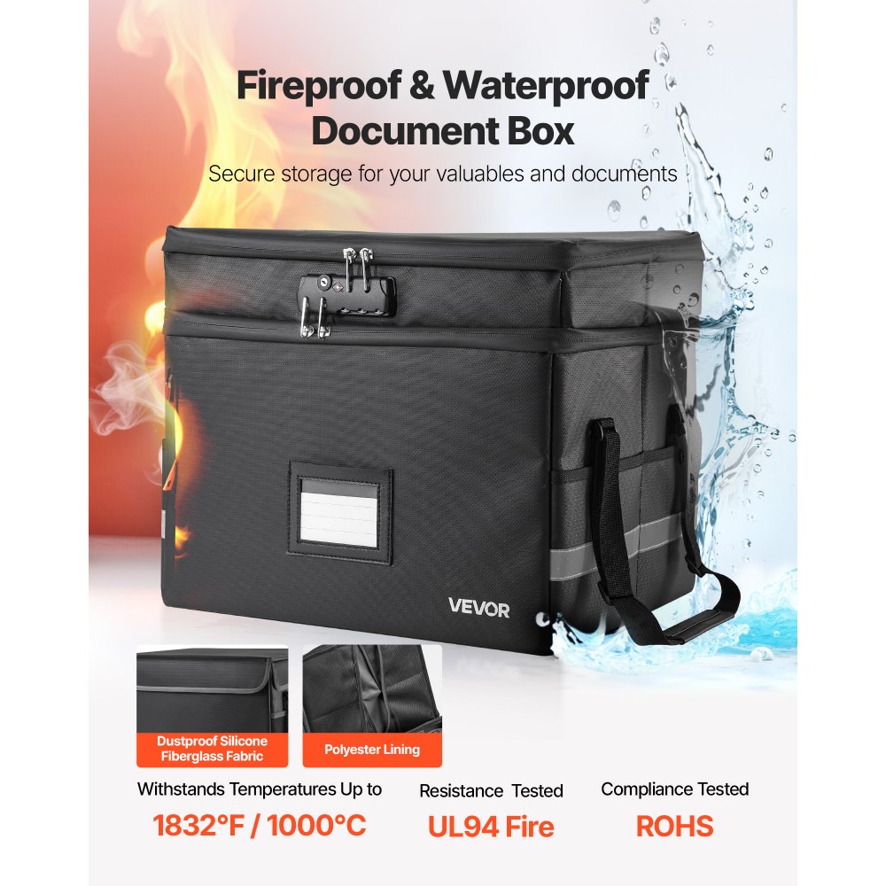 VEVOR Caja Ignífuga para Documentos, Resistente al Agua y al Calor hasta 1000 °C, con Cerradura de Combinación, Doble Capa, para Pasaportes y Documentos Importantes, 420 x 335 x 350 mm, Negro