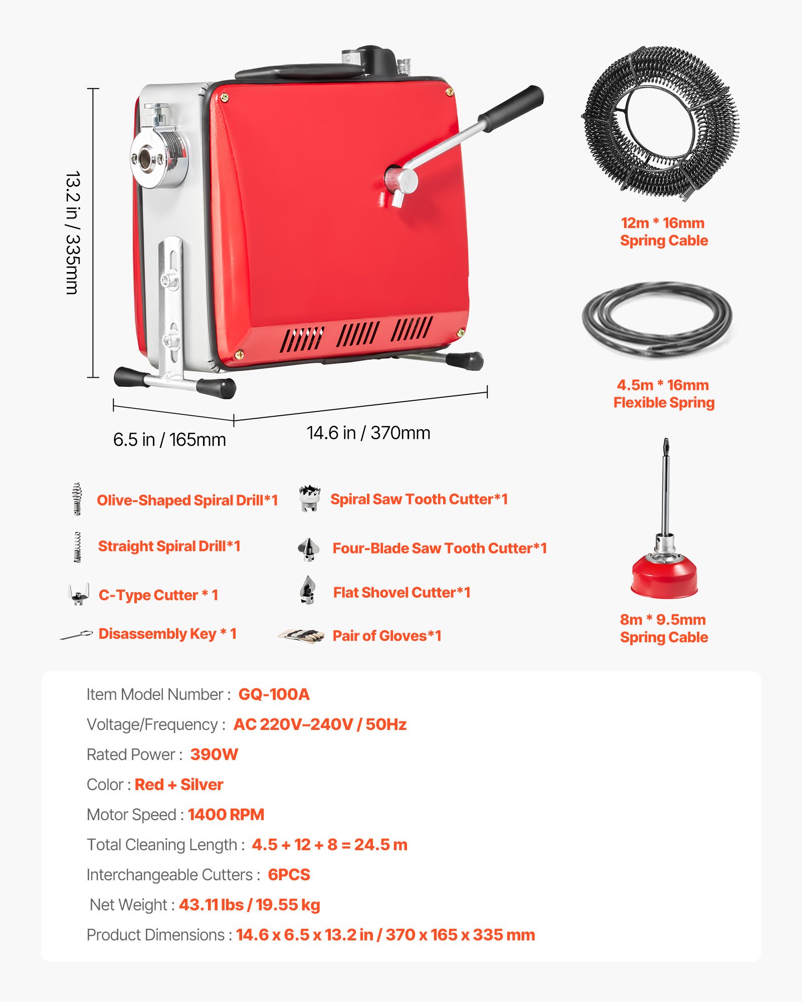 VEVOR Desatascador de Tuberías Eléctrico 390 W 1400 RPM con Cable de Resorte de 12 m x 16 mm, 4,5 m x 16 mm, 8 m x 9,5 mm y 6 Cabezales de Limpieza, Apto para Tuberías de 50 a 110 mm de Diámetro