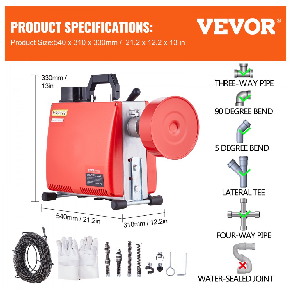 VEVOR Pipe Cleaning Machine, 66 ft x 5/8 in, 250 W electric pipe cleaning machine with manual feed – with 7 cutters, 2 steel cables (66' x 5/8" and 15' x 3/8") and CW/CCW control for 1.6" to 4" pipes