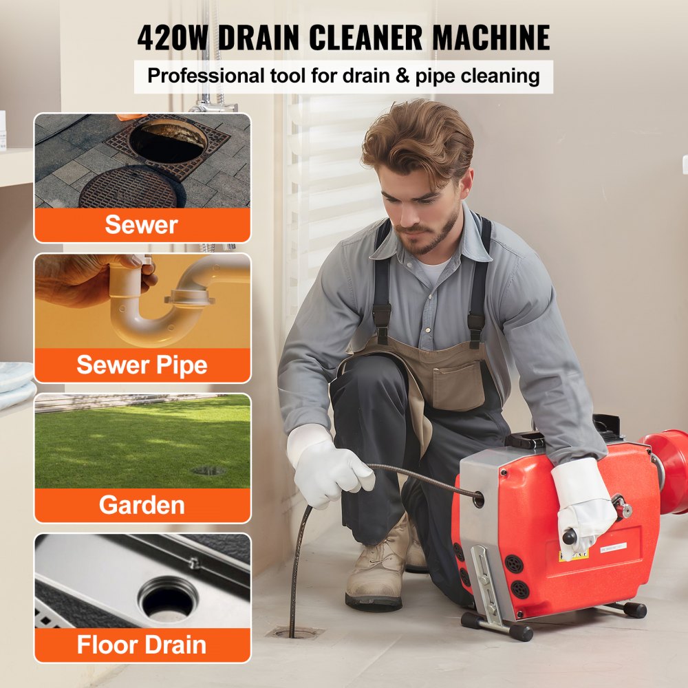 VEVOR 120 FT x 7/8 inch Pipe Cleaning Machine, 420 W Electric Pipe Cleaning Spiral with Manual Feed – with 6 Cutters, 2 Steel Cables (120' x 7/8" and 18' x 3/8") & CW/CCW Control for 1.9" to 6" Pipes