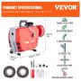 VEVOR Desbloqueador de Tuberías Eléctrico 36,6m x 2,2cm Máquina de Limpieza de Tuberías Limpiador de Tuberías Manual 420 W, 6 Cortadores, 2 Cables de Acero, Control CW/CCW para Tuberías de 4,8-15,2 cm