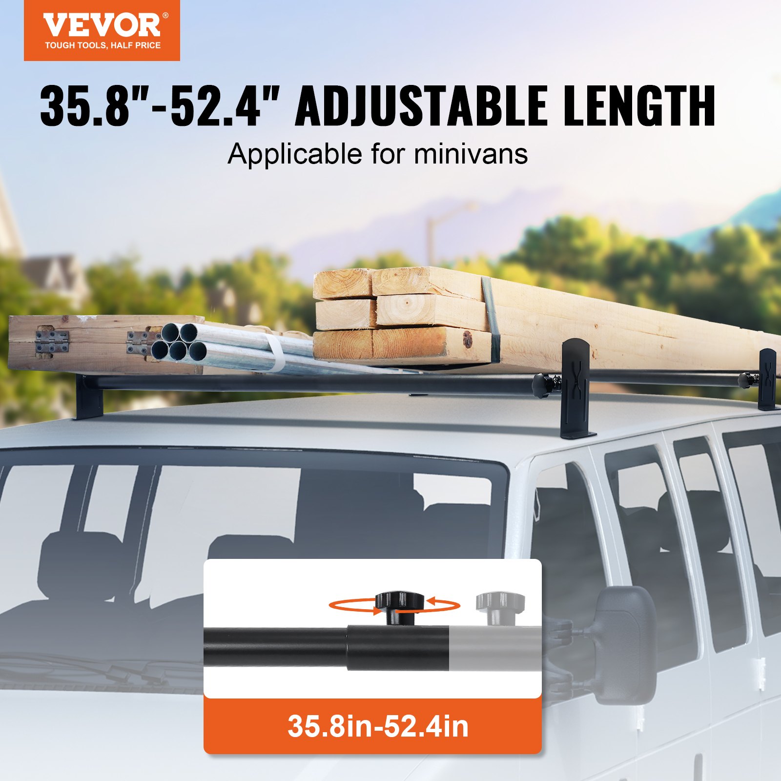 VEVOR Portaequipajes de Techo para Furgoneta Ajustable 91-133 cm Portaequipajes de Acero de Aleación 2 Barras con Topes de Escalera Capacidad de 227 kg para Furgonetas de Tamaño Completo para Viajes