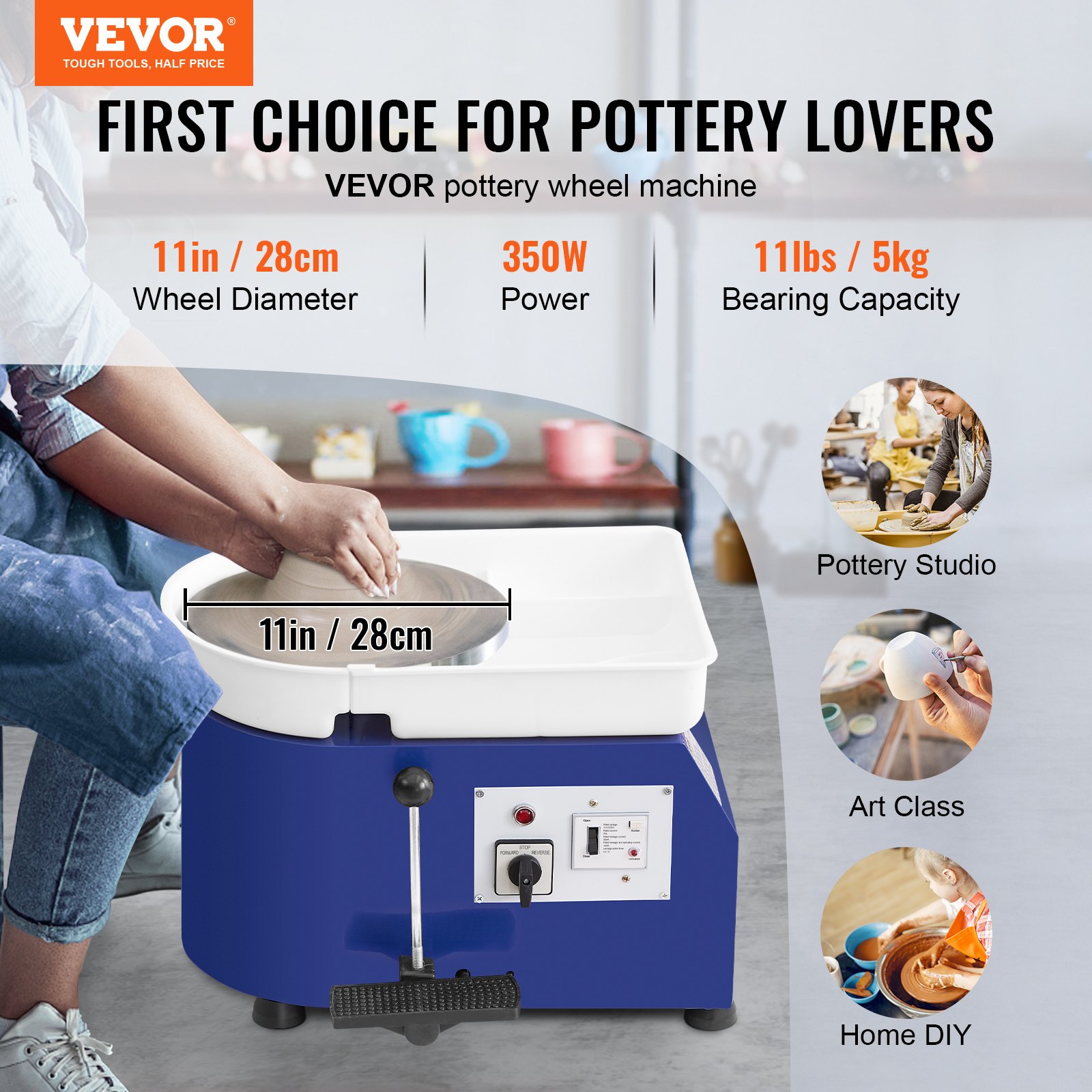 VEVOR Torno de Alfarero 350 W, Placa de 28 cm, Rueda de Cerámica Eléctrica, Velocidad Ajustable de 60-300 RPM, con Control Manual y de Pedal, Kit Completo de Accesorios, para Alfarería Bricolaje, Azul