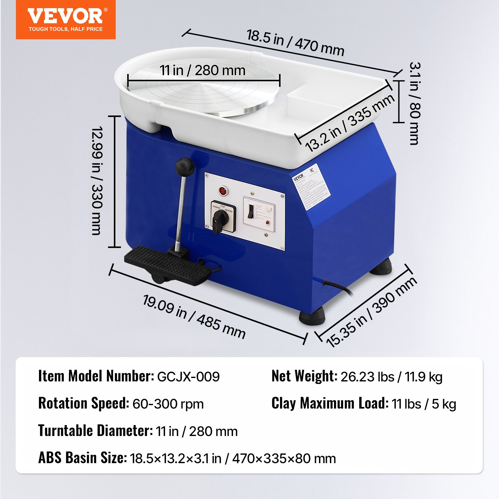 VEVOR Torno de Alfarero 350 W, Placa de 28 cm, Rueda de Cerámica Eléctrica, Velocidad Ajustable de 60-300 RPM, con Control Manual y de Pedal, Kit Completo de Accesorios, para Alfarería Bricolaje, Azul