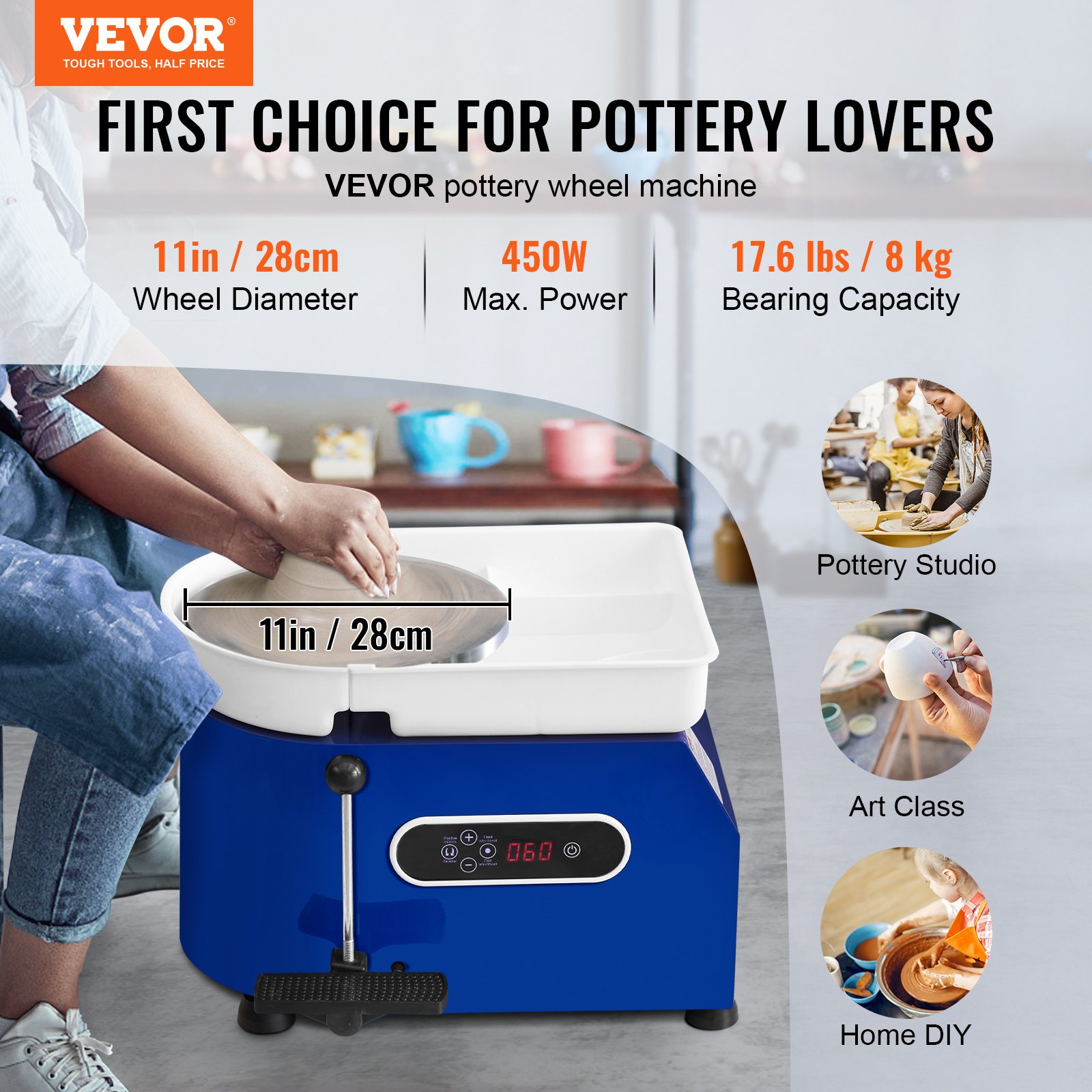VEVOR Torno de Alfarero 450 W, Placa de 28 cm, Rueda de Cerámica Eléctrica, Velocidad de 60 a 300 RPM, con Depósito Desmontable Control Manual y de Pedal Kit de Accesorios, para Alfarería Bricolaje