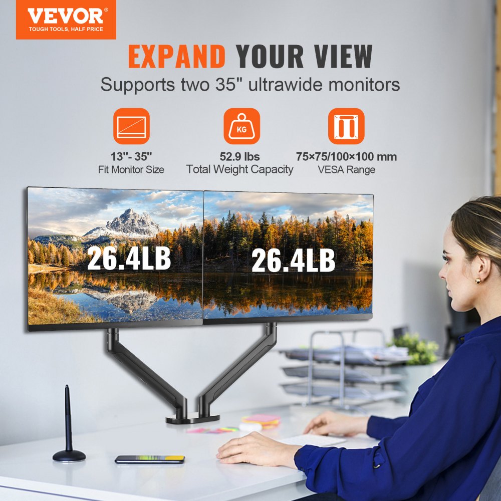 Soporte de monitor para escritorio, soporte de monitor doble de longitud y  ángulo ajustable con 2 ranuras, soportes de monitor para 2 monitores