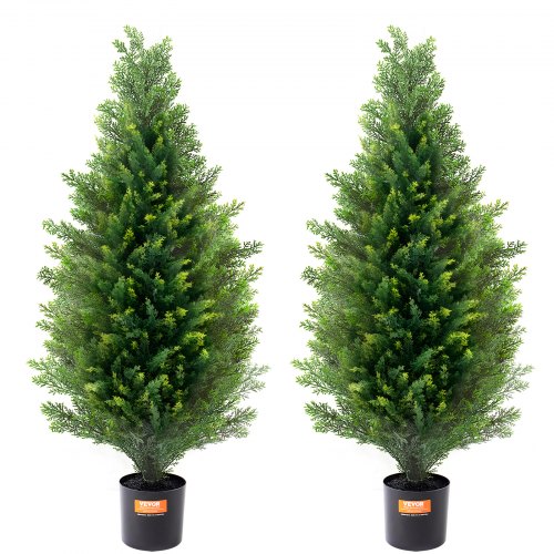 VEVOR Árbol Topiario de Cedro Artificial 2 Piezas con Hojas Adicionales y Maceta, Planta de Pino Ciprés Artificial de Hoja Perenne, con Clasificación UV para Decoración del Hogar, 300 x 300 x 900 mm
