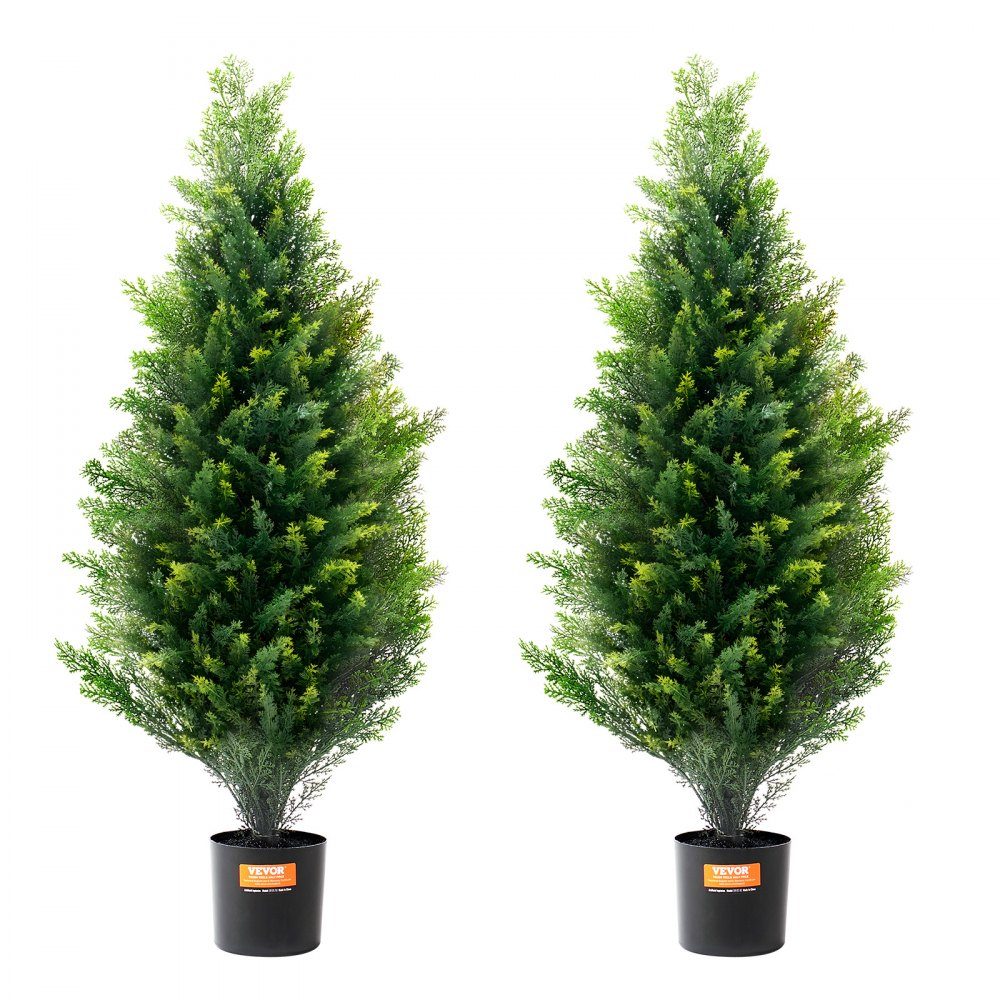 VEVOR Árbol Topiario de Cedro Artificial 2 Piezas con Hojas Adicionales y Maceta, Planta de Pino Ciprés Artificial de Hoja Perenne, con Clasificación UV para Decoración del Hogar, 300 x 300 x 900 mm