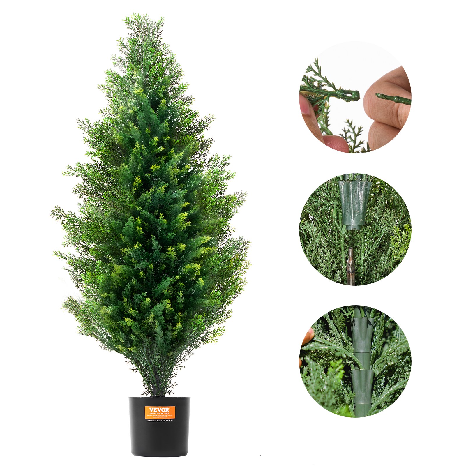 VEVOR Árbol Topiario de Cedro Artificial 2 Piezas con Hojas Adicionales y Maceta, Planta de Pino Ciprés Artificial de Hoja Perenne, con Clasificación UV para Decoración del Hogar, 300 x 300 x 900 mm