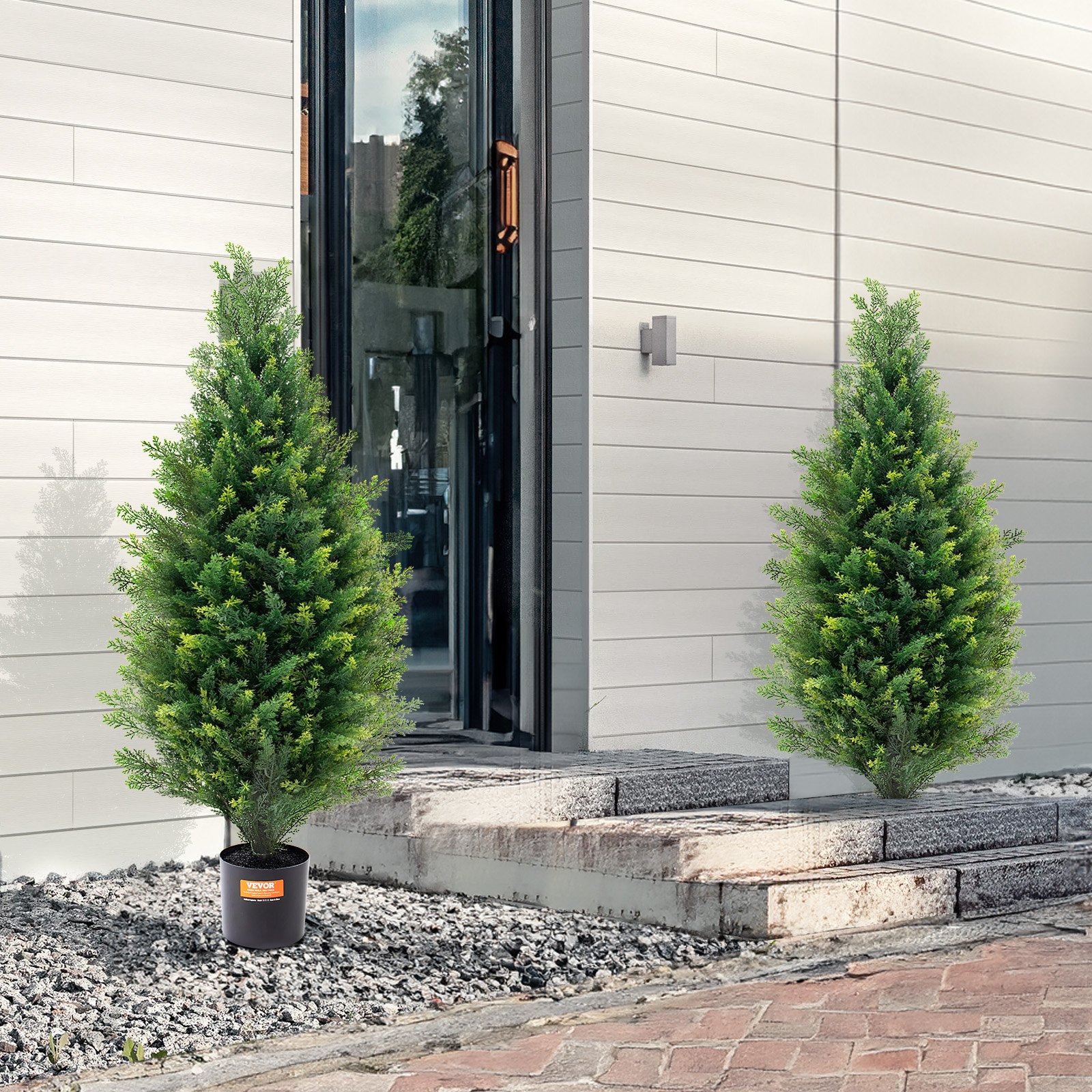 VEVOR Árbol Topiario de Cedro Artificial 2 Piezas con Hojas Adicionales y Maceta, Planta de Pino Ciprés Artificial de Hoja Perenne, con Clasificación UV para Decoración del Hogar, 300 x 300 x 900 mm