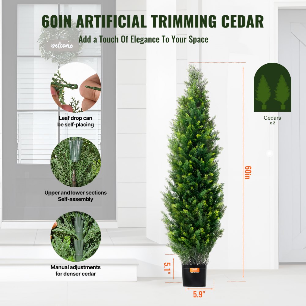 VEVOR Árbol Topiario de Cedro Artificial 2 Piezas con Hojas Adicionales y Maceta, Planta de Pino Ciprés Artificial de Hoja Perenne, con Clasificación UV para Decoración de Hogar, 400 x 400 x 1500 mm