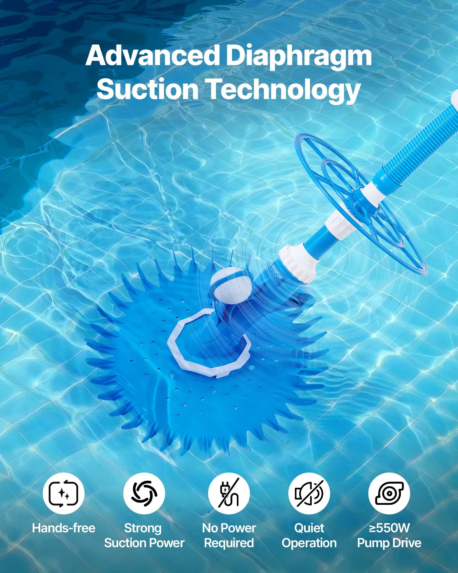 VEVOR Limpiador de Piscina con Función de Succión, con Lado de Succión, con 12 Mangueras, Adecuado para Piscinas Enterradas y las Elevadas de hasta 6,1 x 10,7 m, Color Azul, 525 x 453,5 x 430 mm
