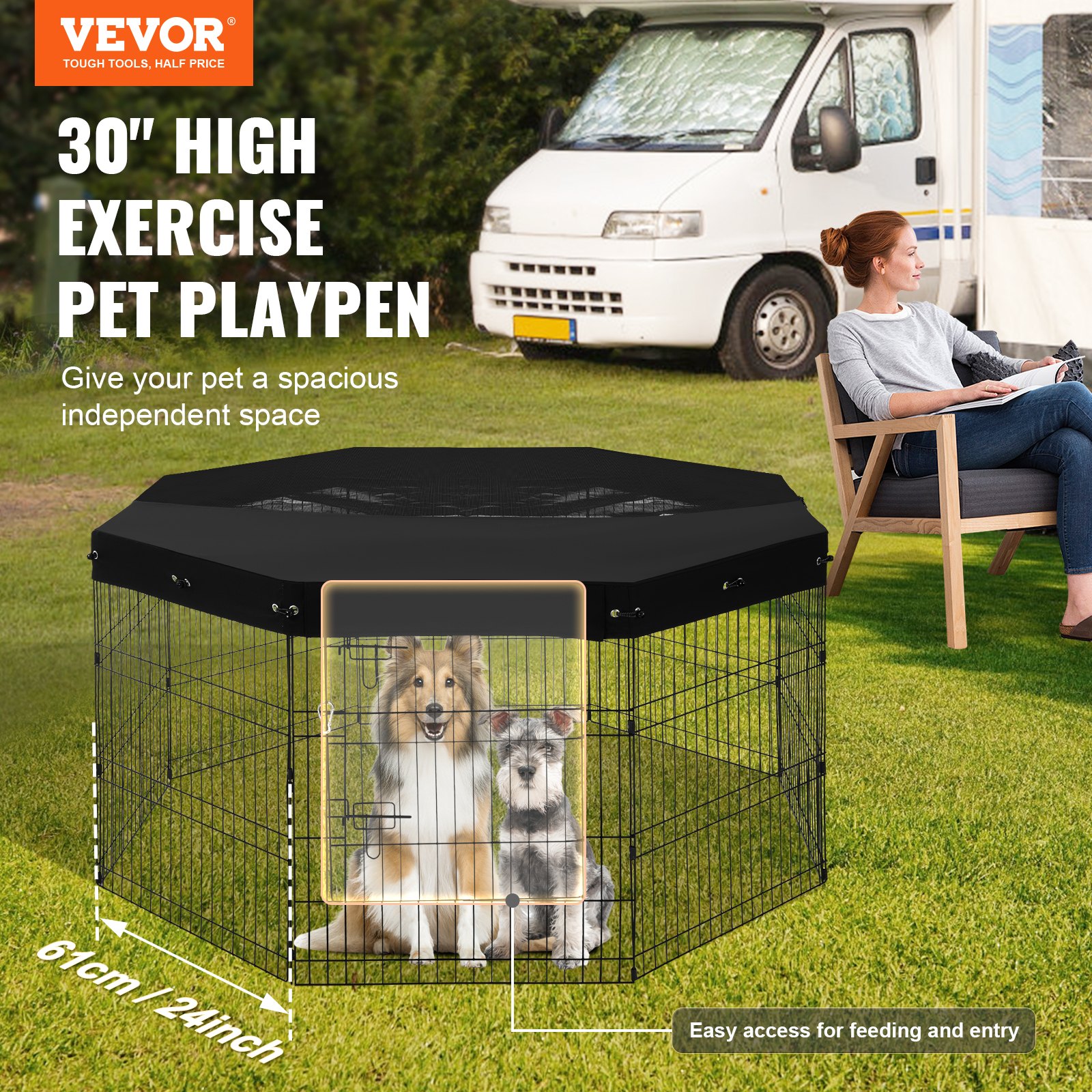 VEVOR Parque de Juegos para Perros 8 Paneles de 760 mm x 610 mm, Corral de Ejercicios de Metal Plegable con Puerta y Cubierta Superior de Tela Oxford 600D para Perros, Gatos y Otros Animales Pequeños