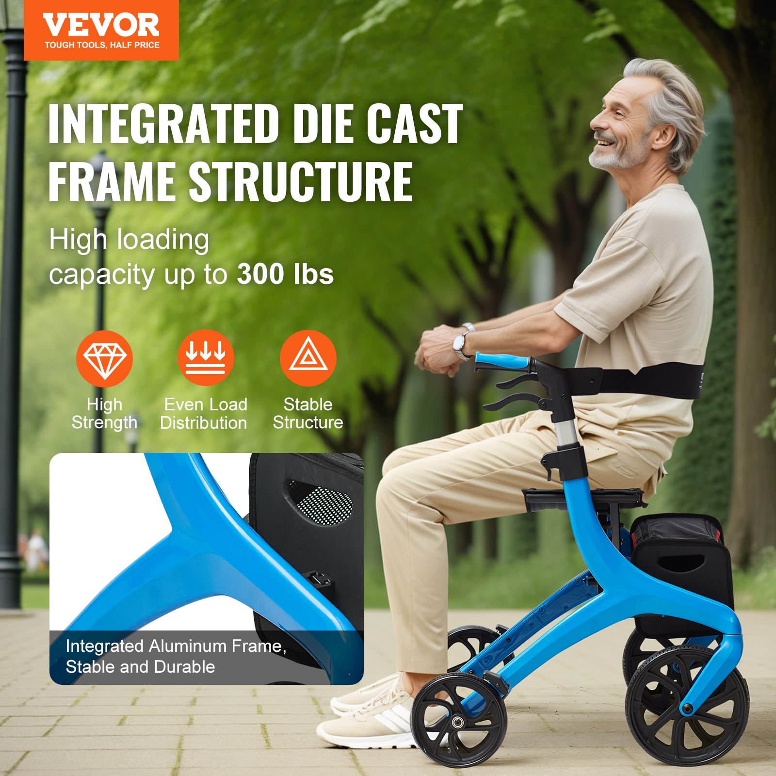 VEVOR Andador Plegable para Personas Mayores y Adultos, Andador con Ruedas de Aluminio Liviano con Asiento y Mango Ajustable, Andador de 4 Ruedas con Bolsa de Almacenamiento Espaciosa, Color Azul