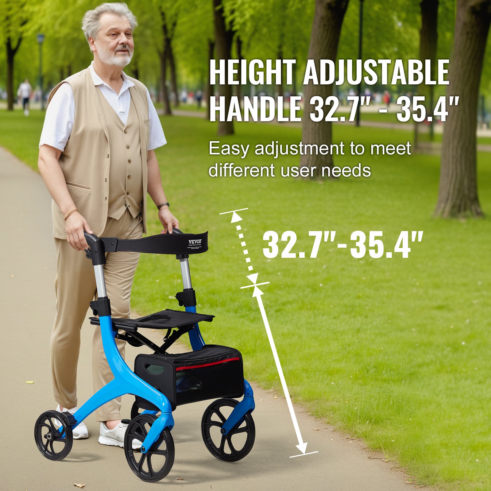 VEVOR Andador Plegable para Personas Mayores y Adultos, Andador con Ruedas de Aluminio Liviano con Asiento y Mango Ajustable, Andador de 4 Ruedas con Bolsa de Almacenamiento Espaciosa, Color Azul