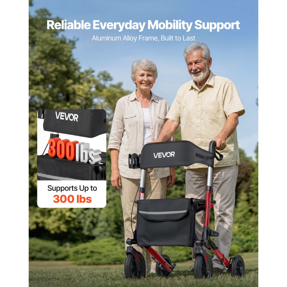 VEVOR Andador para Ancianos con Ruedas de PU, Asiento Soporta 136 kg, Silla de Transporte Aleación de Aluminio Plegable 3 Pliegues, Reposabrazos Ajustable para Personas Mayores Exterior Paseos Compras