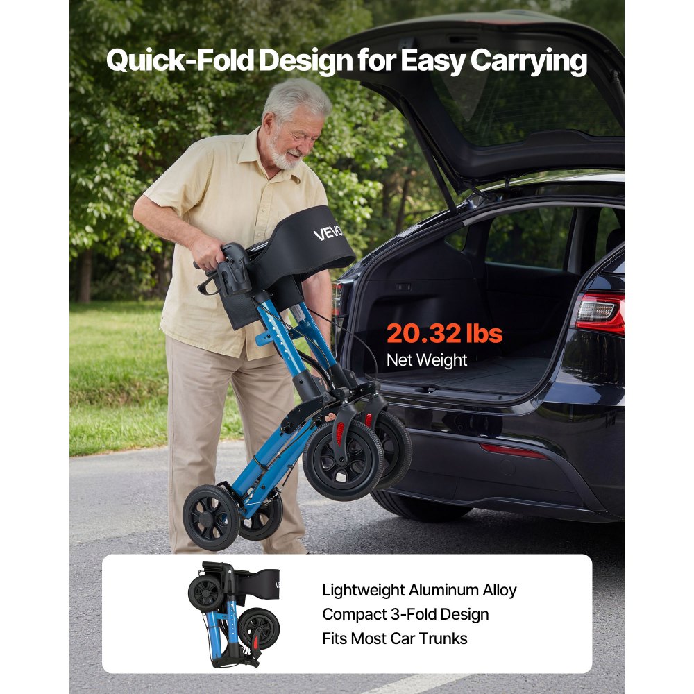 VEVOR Andador para Ancianos de 3 Pliegues, Aleación de Aluminio con Ruedas de PU, Asiento Soporta 136 kg, Silla de Transporte Plegable, Reposabrazos Ajustable para Paseos Personas Mayores y Exterior