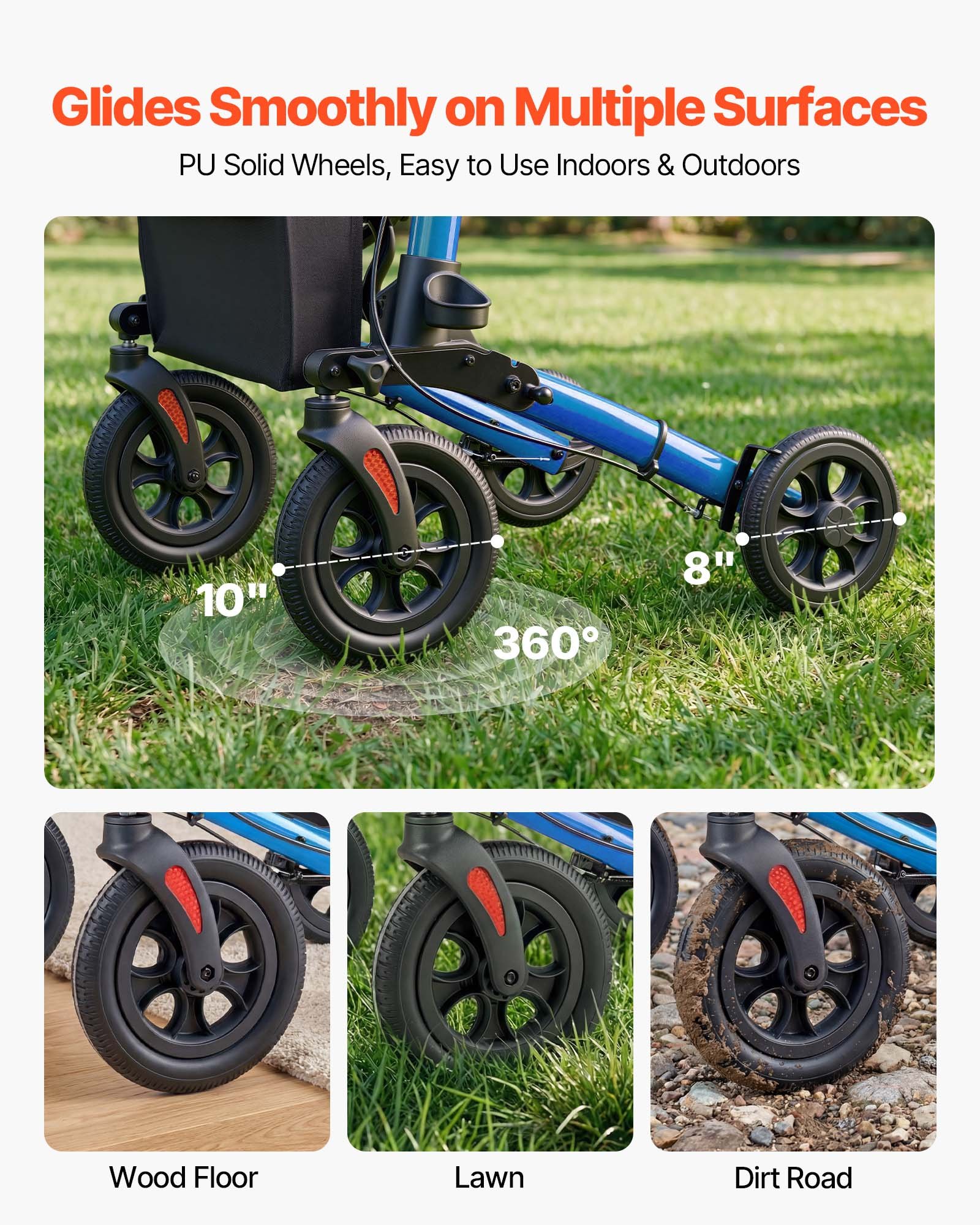 VEVOR Andador para Ancianos de 3 Pliegues, Aleación de Aluminio con Ruedas de PU, Asiento Soporta 136 kg, Silla de Transporte Plegable, Reposabrazos Ajustable para Paseos Personas Mayores y Exterior