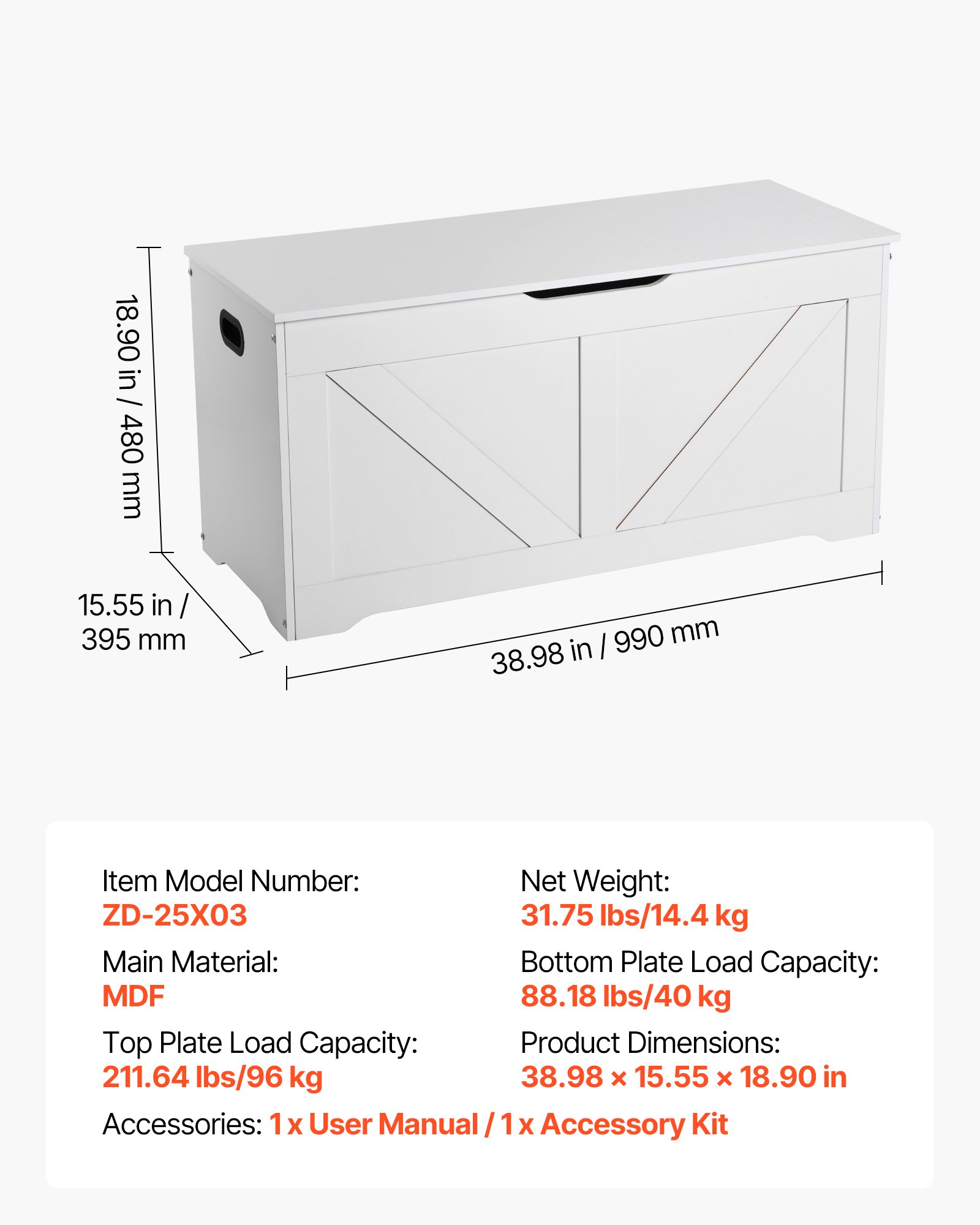 VEVOR Banco Infantil con Almacenaje, Baúl de Juguetes de Madera, Banco con Bisagra de Seguridad, para Sala de Juegos, Salón o Recibidor, 990 x 395 x 480 mm, Base 40 kg y Superficie 96 kg, Blanco