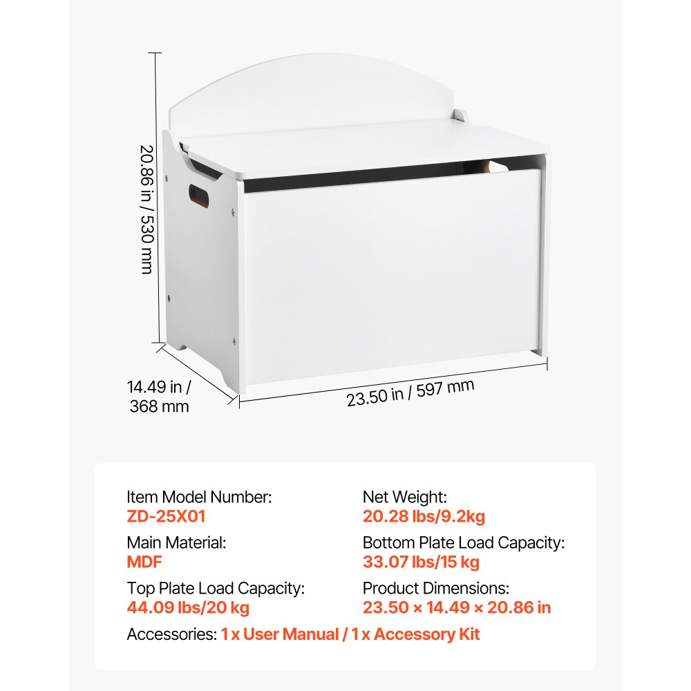 VEVOR Banco Infantil con Almacenaje, Caja de Juguetes de Madera, Hecho de MDF, con Respaldo y Bisagra de Seguridad, Arcón para Sala de Juegos, Salón o Recibidor, 597 x 368 x 545 mm, Color Blanco