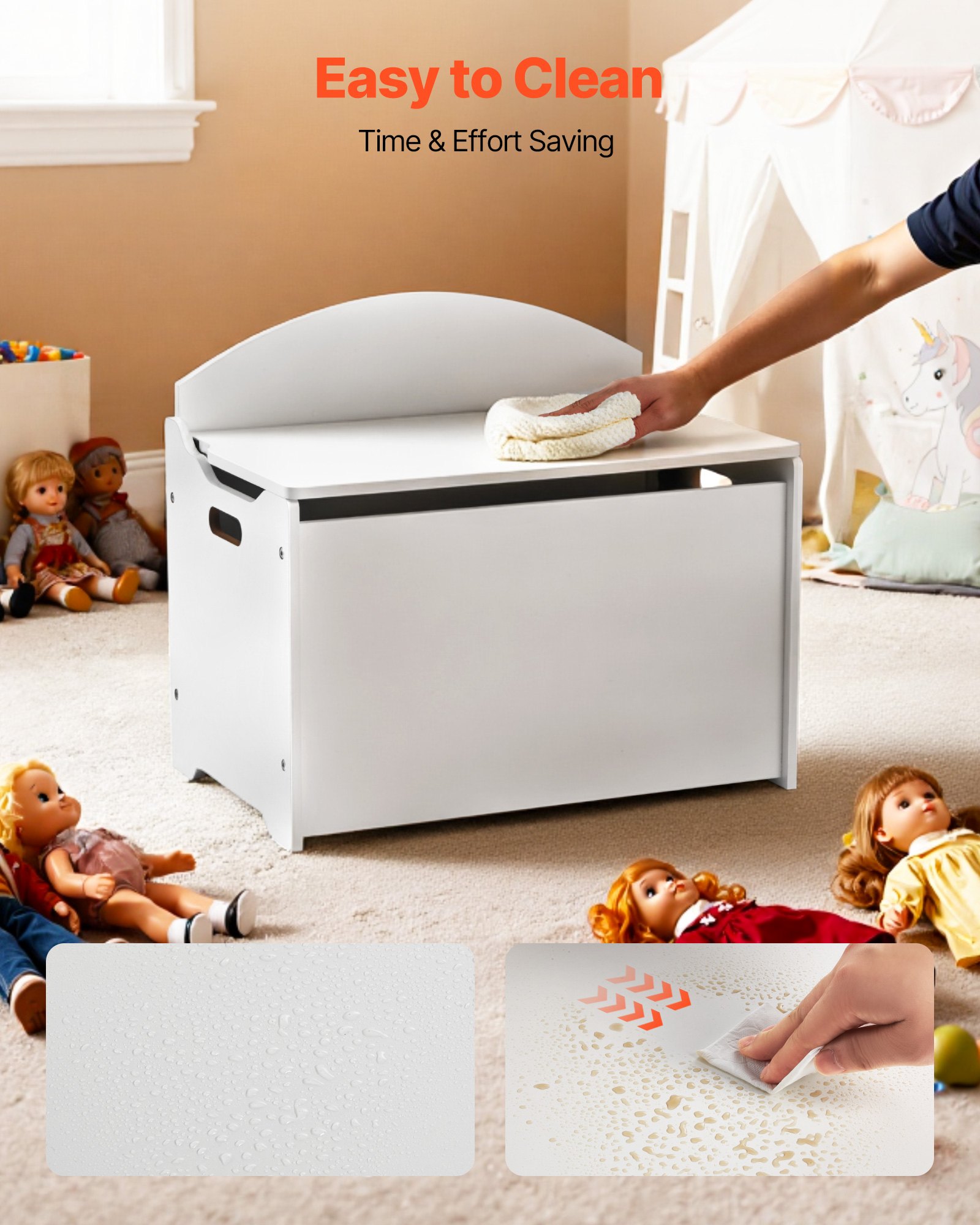 VEVOR Banco Infantil con Almacenaje, Caja de Juguetes de Madera, Hecho de MDF, con Respaldo y Bisagra de Seguridad, Arcón para Sala de Juegos, Salón o Recibidor, 597 x 368 x 545 mm, Color Blanco