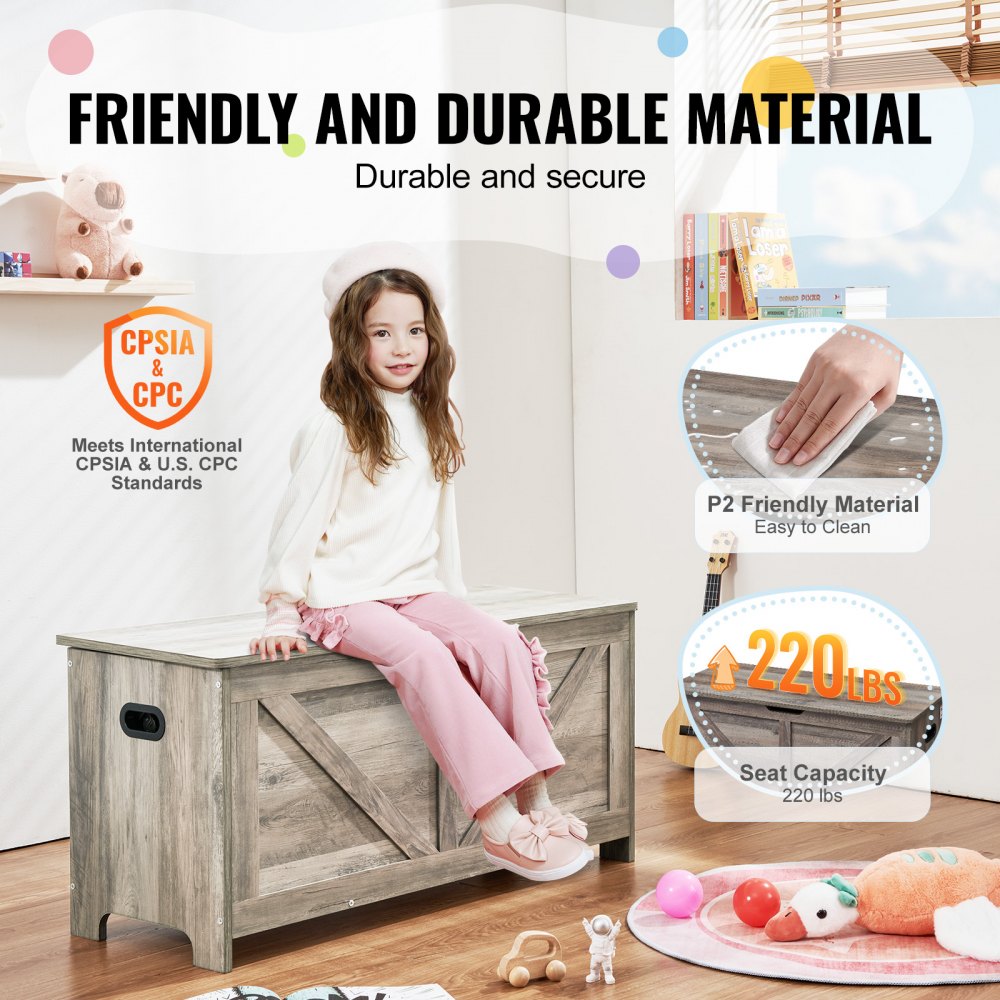 VEVOR Baúl de Juguetes de Madera para Niños 990 x 395 x 480 mm, Caja de Almacenamiento con Tapa Abatible y Bisagra de Seguridad, Banco Grande de Almacenamiento para Sala de Juegos, Dormitorio, Gris