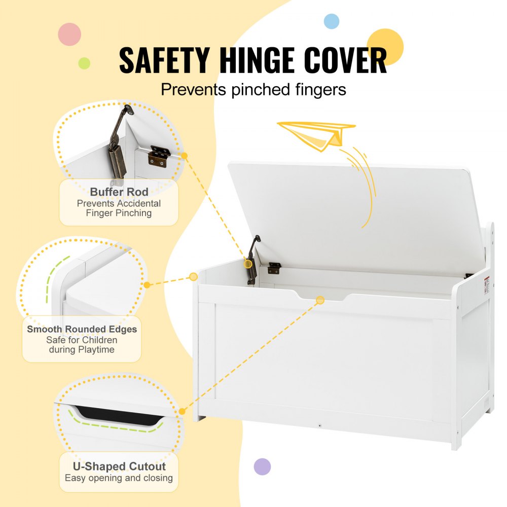 VEVOR Baúl de Juguetes de Madera para Niños 830 x 455 x 609 mm, Caja de Almacenamiento con Tapa Abatible y Bisagra de Seguridad, Banco de Almacenamiento para Sala de Juegos, Dormitorio, Blanco