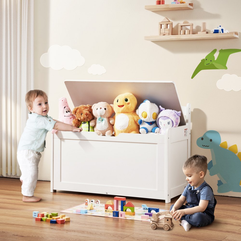 VEVOR Baúl de Juguetes de Madera para Niños 830 x 455 x 609 mm, Caja de Almacenamiento con Tapa Abatible y Bisagra de Seguridad, Banco de Almacenamiento para Sala de Juegos, Dormitorio, Blanco