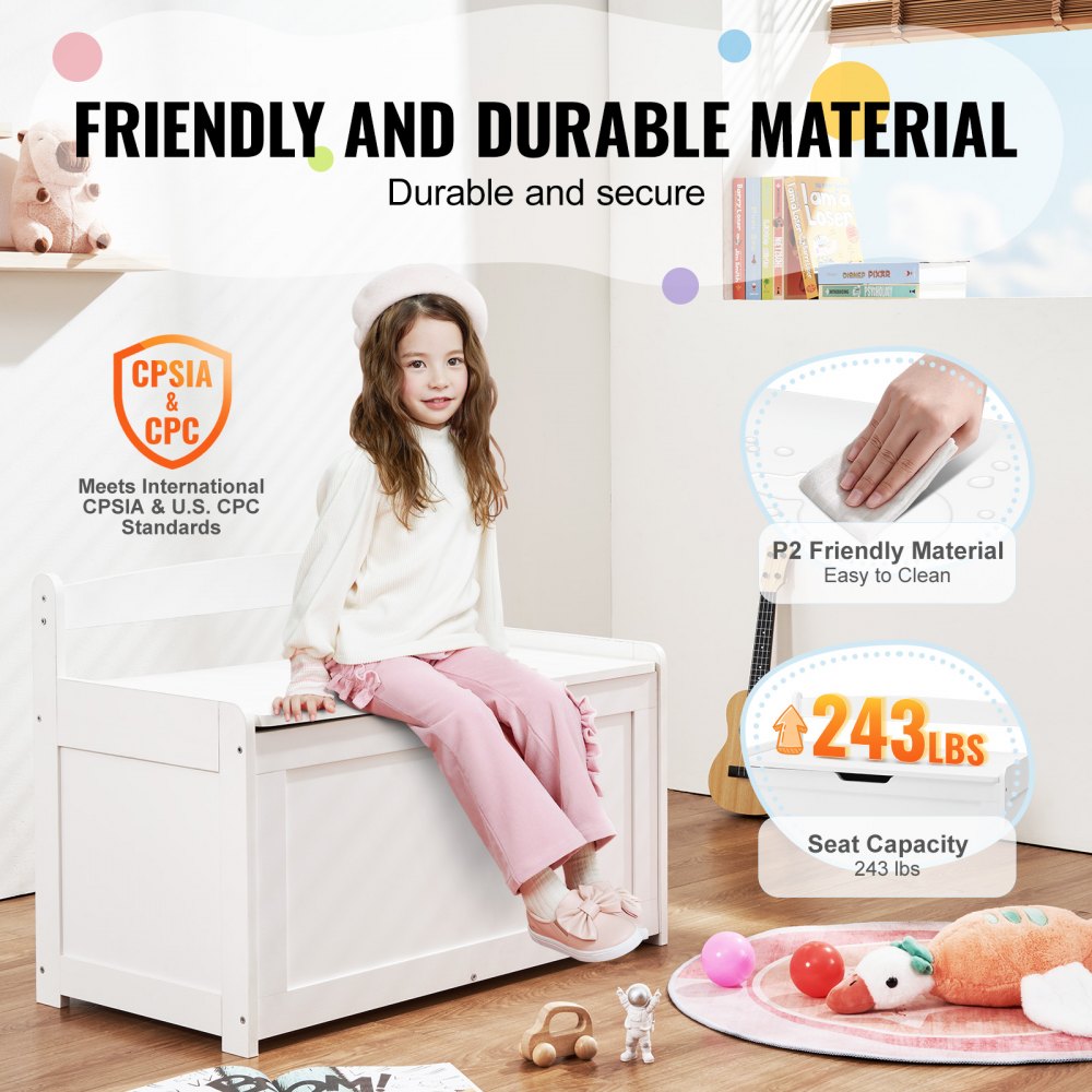 VEVOR Baúl de Juguetes de Madera para Niños 830 x 455 x 609 mm, Caja de Almacenamiento con Tapa Abatible y Bisagra de Seguridad, Banco de Almacenamiento para Sala de Juegos, Dormitorio, Blanco
