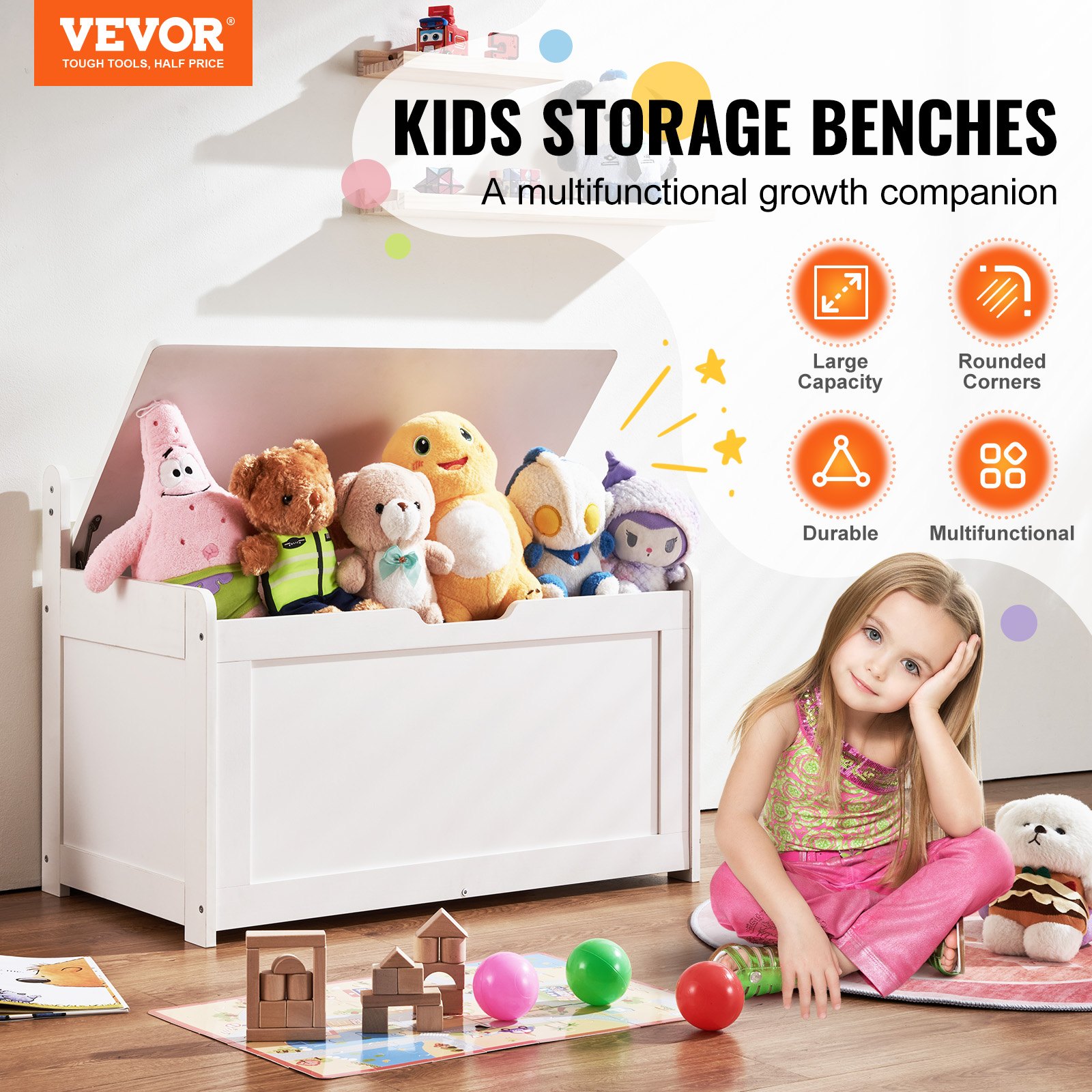 VEVOR Baúl de Juguetes de Madera para Niños 830 x 455 x 609 mm, Caja de Almacenamiento con Tapa Abatible y Bisagra de Seguridad, Banco de Almacenamiento para Sala de Juegos, Dormitorio, Blanco