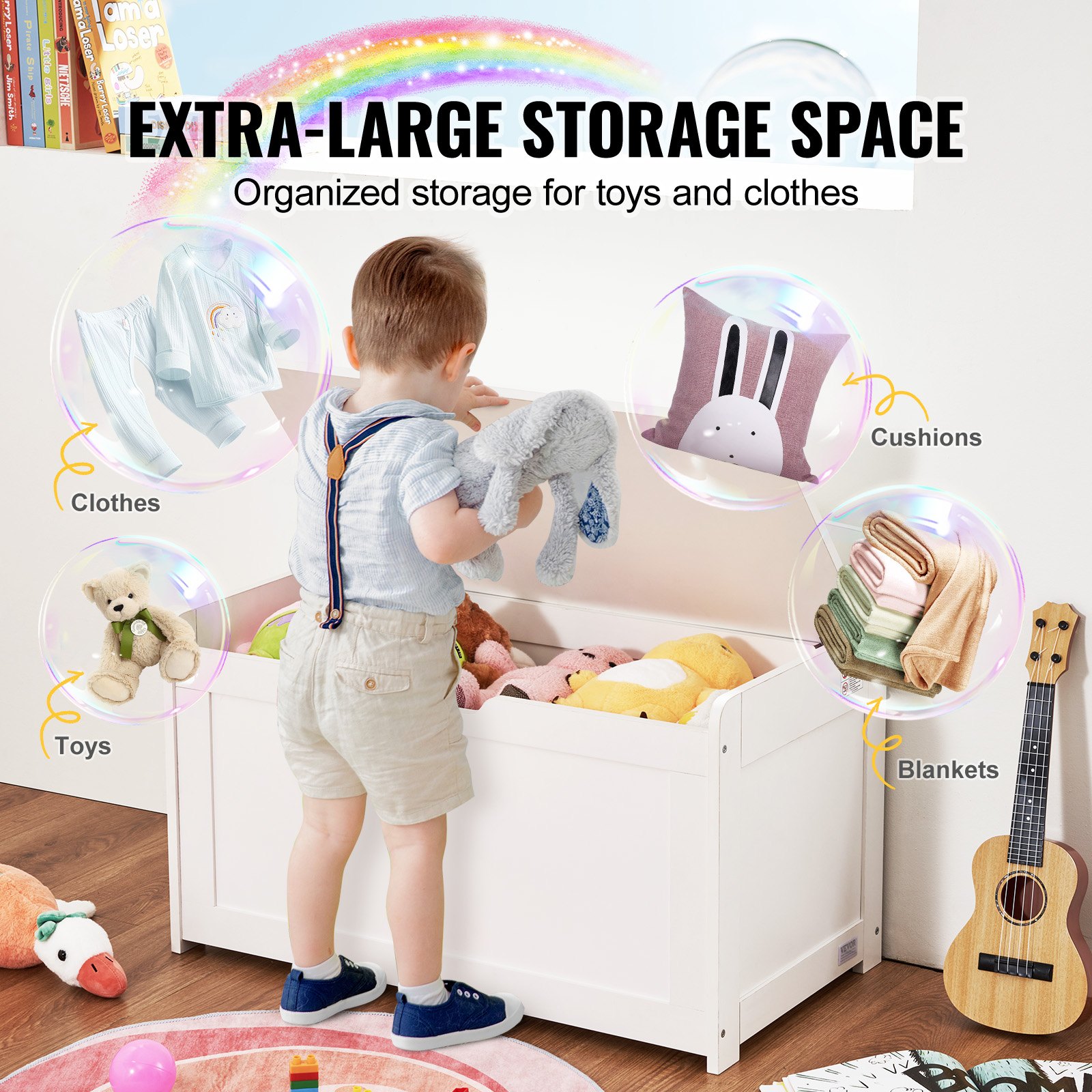 VEVOR Baúl de Juguetes de Madera para Niños 830 x 455 x 609 mm, Caja de Almacenamiento con Tapa Abatible y Bisagra de Seguridad, Banco de Almacenamiento para Sala de Juegos, Dormitorio, Blanco