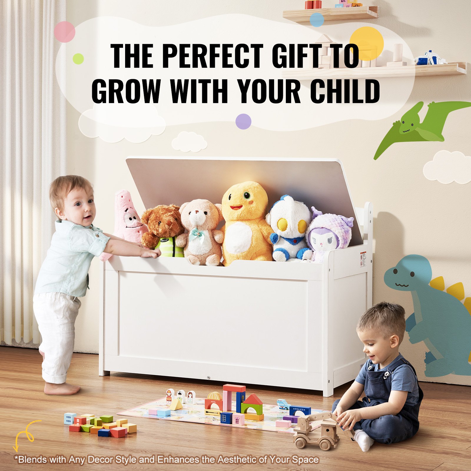 VEVOR Baúl de Juguetes de Madera para Niños 830 x 455 x 609 mm, Caja de Almacenamiento con Tapa Abatible y Bisagra de Seguridad, Banco de Almacenamiento para Sala de Juegos, Dormitorio, Blanco