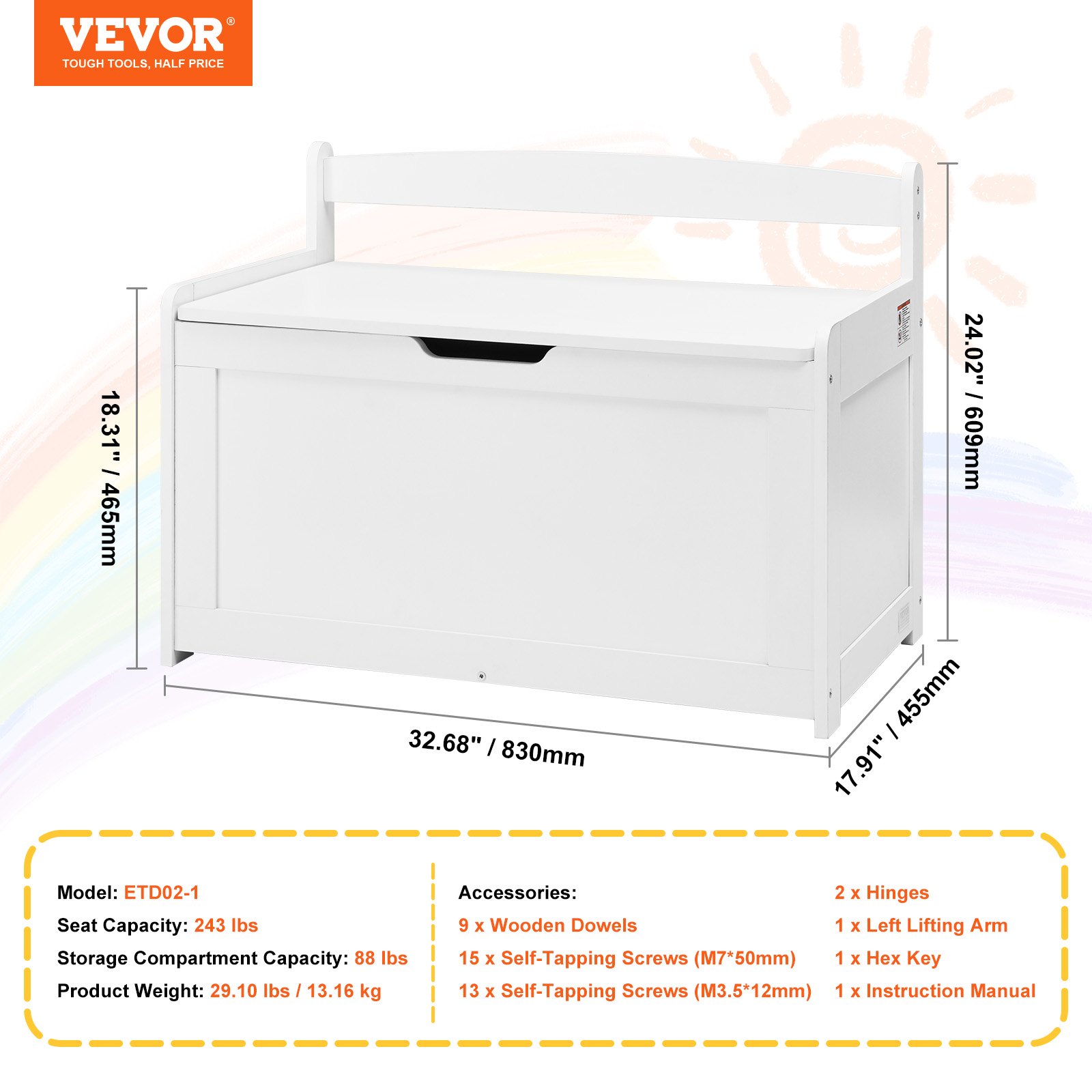 VEVOR Baúl de Juguetes de Madera para Niños 830 x 455 x 609 mm, Caja de Almacenamiento con Tapa Abatible y Bisagra de Seguridad, Banco de Almacenamiento para Sala de Juegos, Dormitorio, Blanco