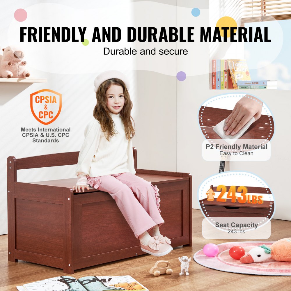 VEVOR Baúl de Juguetes de Madera para Niños 830 x 455 x 609 mm, Caja de Almacenamiento con Tapa Abatible y Bisagra de Seguridad, Banco Grande de Almacenamiento para Sala de Juegos, Dormitorio, Cerezo