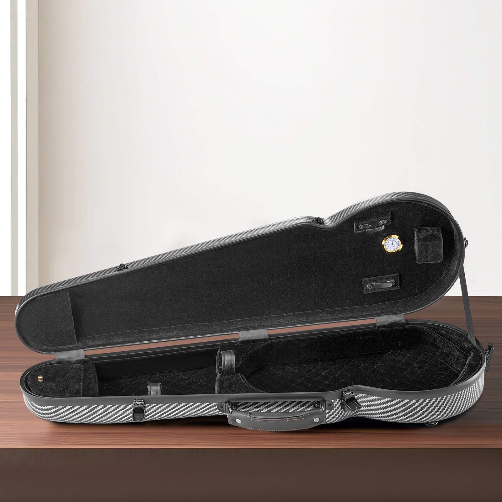 VEVOR Estuche para Violín 4/4 de Tamaño Completo, Estuche para Violín Triangular de Fibra de Carbono Compuesta con Higrómetro Integrado, Forro de Felpa, Correas Dobles para el Hombro, Negro