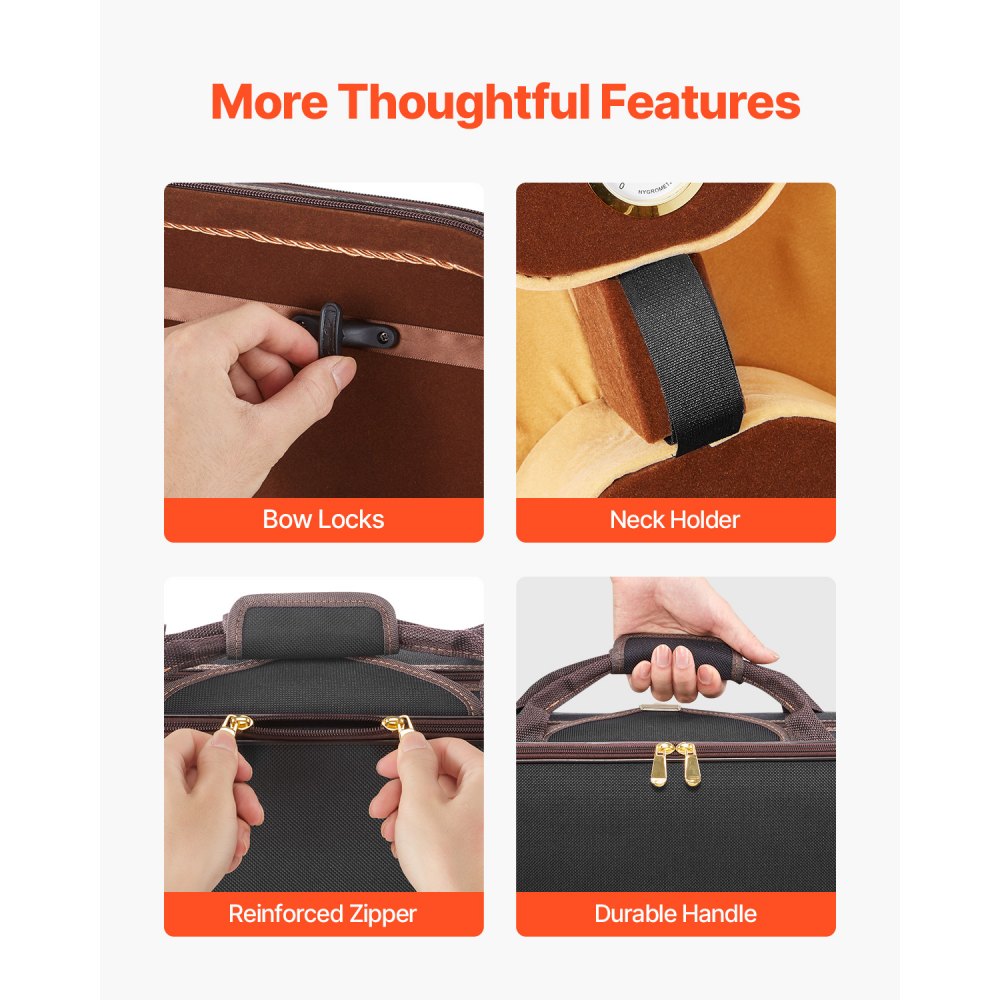 VEVOR 4/4 Full-Size Violin Case with Built-in Hygrometer, Travel Case, Soft-Lined, Shoulder Straps, Scratch-Resistant, Professional Oblong Shape, for Violin, Black