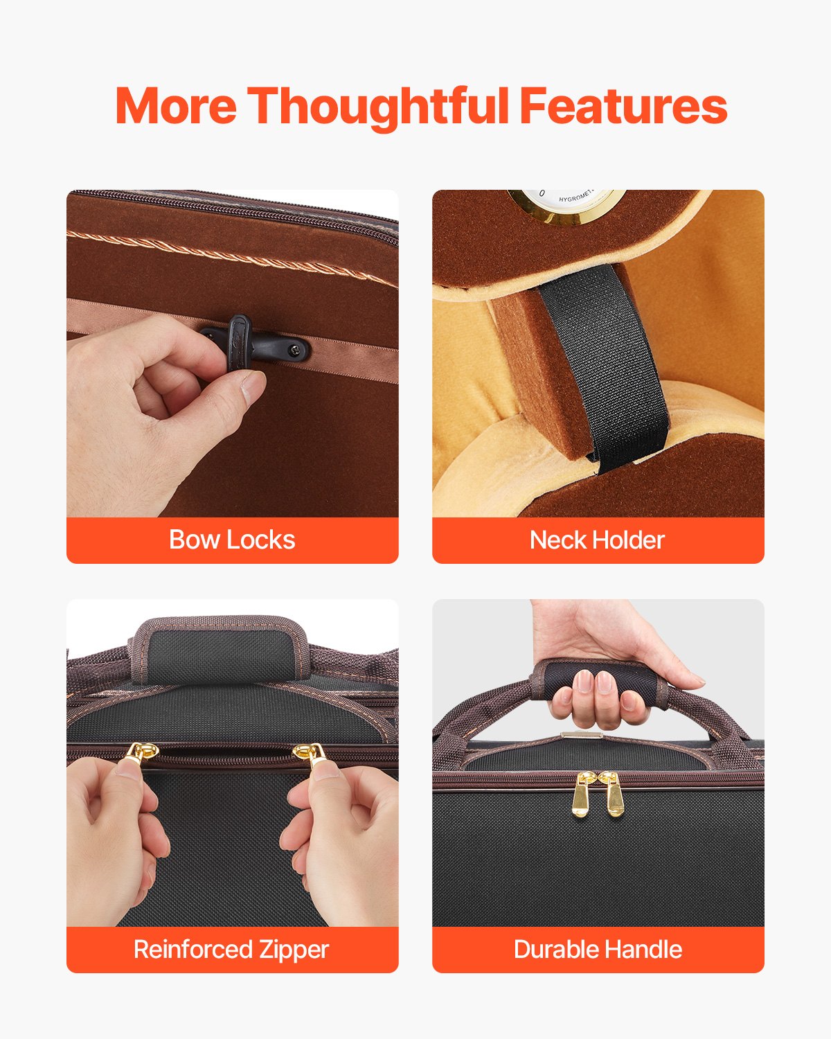 VEVOR 4/4 Full-Size Violin Case with Built-in Hygrometer, Travel Case, Soft-Lined, Shoulder Straps, Scratch-Resistant, Professional Oblong Shape, for Violin, Black