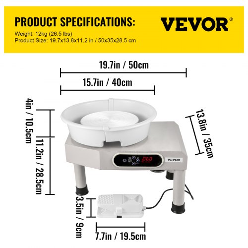 VEVOR Máquina Eléctrica de Cerámica 25 cm Torno Alfarero 350 W Máquina de Rueda de Cerámica con Pedal 300 r/min Máquina de Formación de Cerámica Gris para Enseñanza Escolar, Uso Doméstico