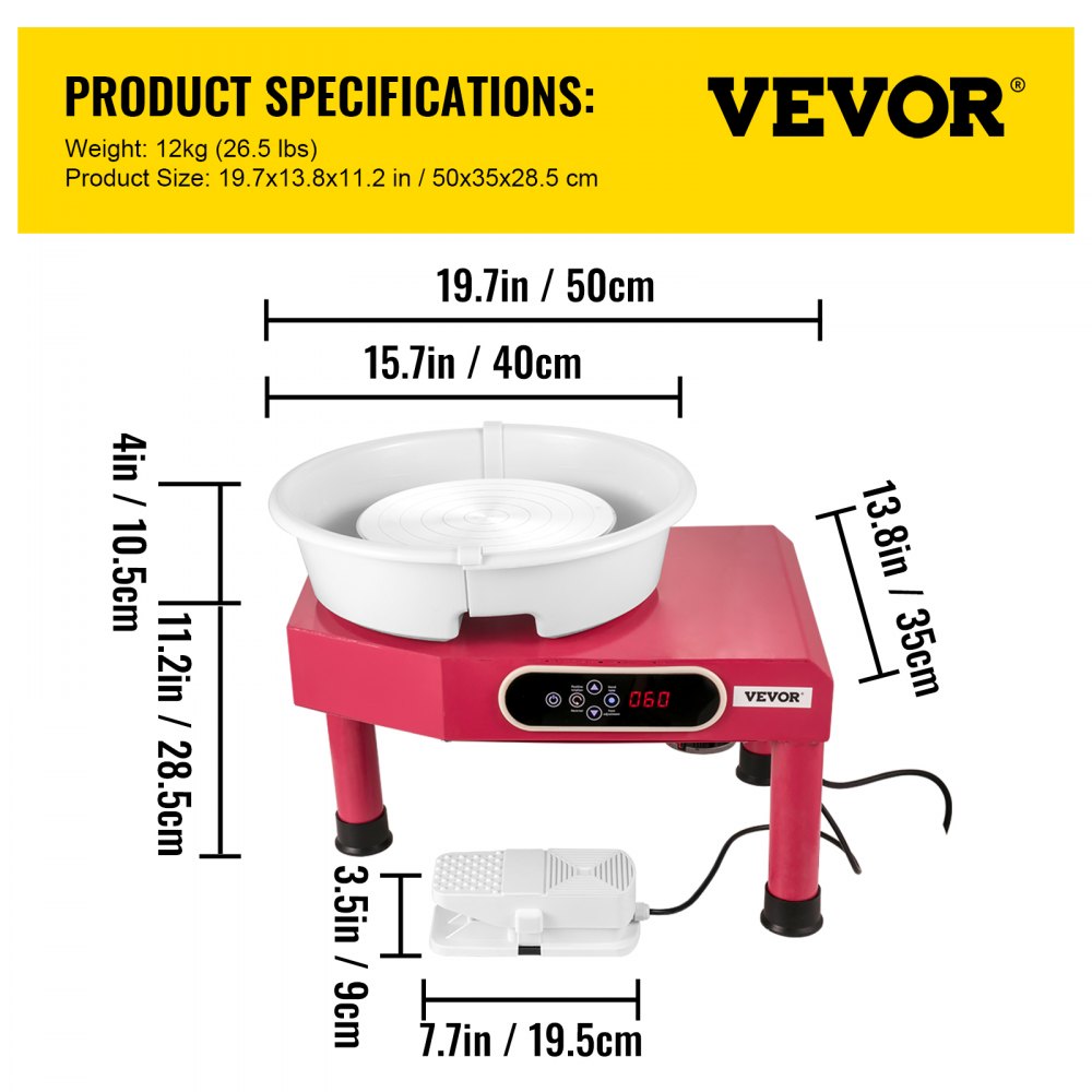 VEVOR Máquina Eléctrica de Cerámica Torno Ceramica 350 W 25 cm Torno Alfarero Rueda de Cerámica Sentido Horario/Antihorario 300 Rpm