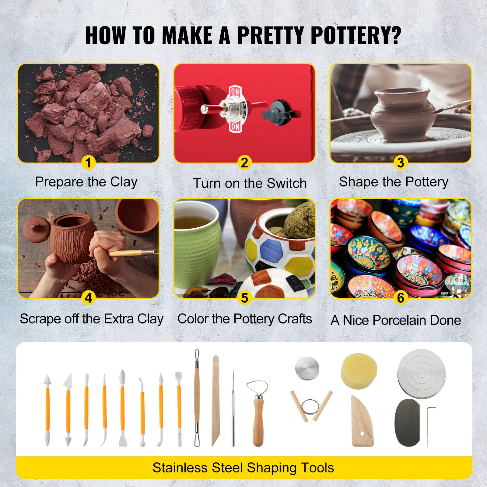 VEVOR Máquina Eléctrica de Cerámica Portátil, 30 W 220 V Velocidad 0-2000 RPM Máquina de Rueda de Cerámica Ajustable Roja para Enseñanza Manual con Ruedas de 3 Tamaños 5 cm 6,5 cm 10 cm