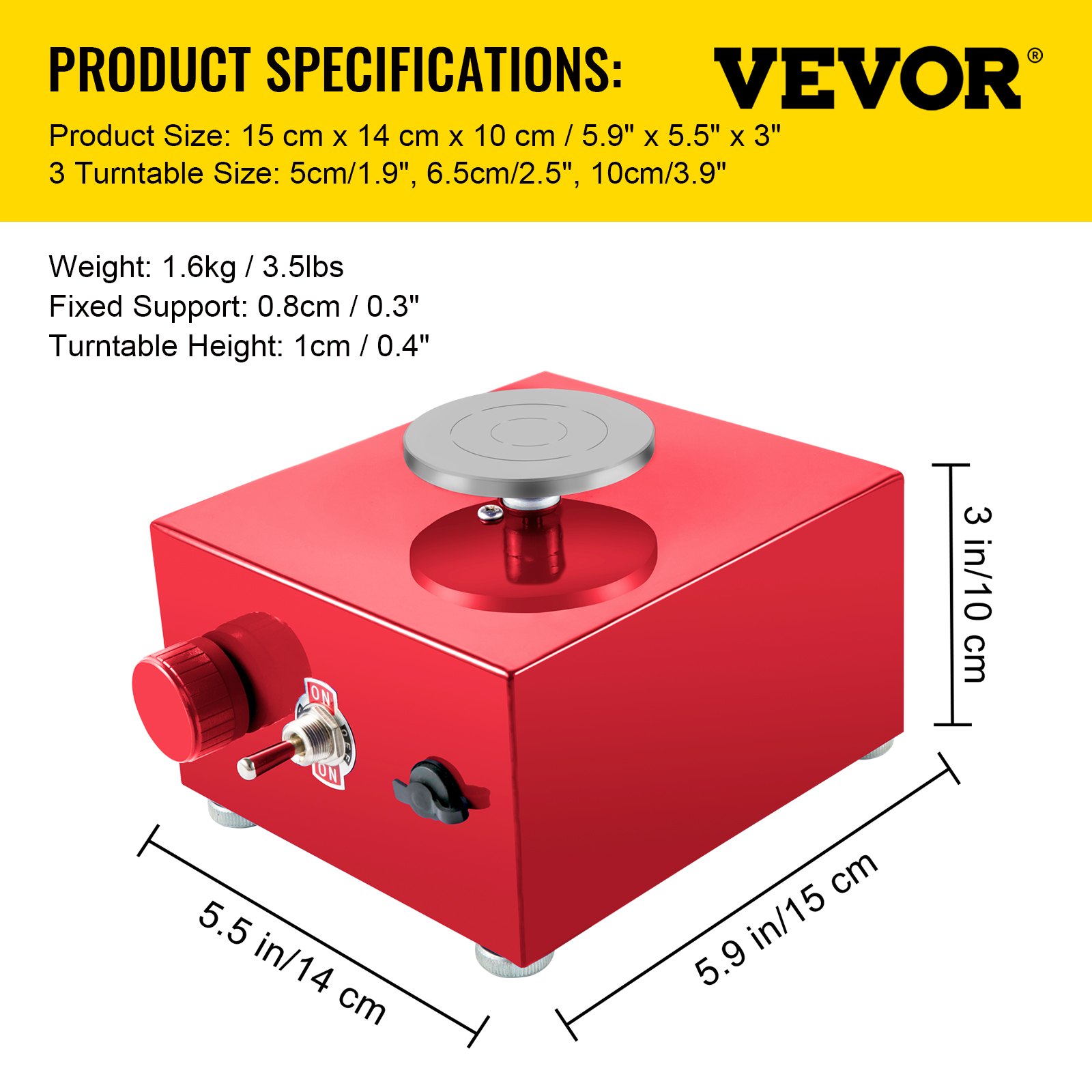 VEVOR Máquina Eléctrica de Cerámica Portátil, 30 W 220 V Velocidad 0-2000 RPM Máquina de Rueda de Cerámica Ajustable Roja para Enseñanza Manual con Ruedas de 3 Tamaños 5 cm 6,5 cm 10 cm